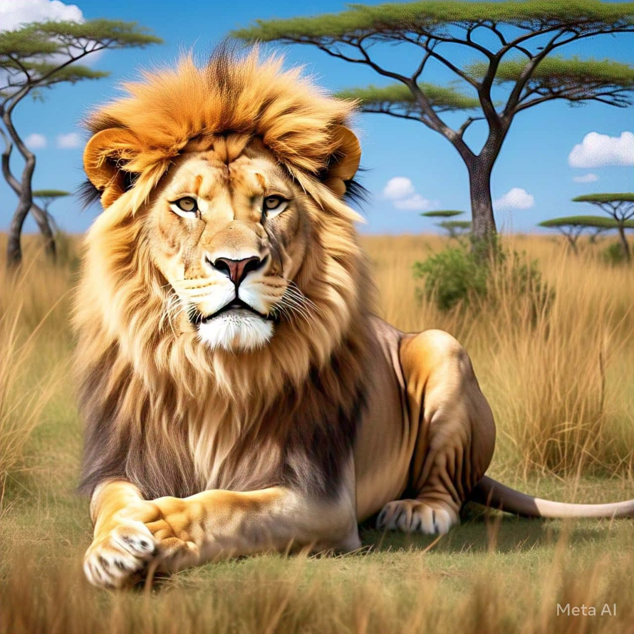 lion for wallpapers 壁紙 — 一頭擁有豐滿金色鬃毛的雄獅，在藍天白雲和刺槐樹下的高草叢中威嚴地休息。