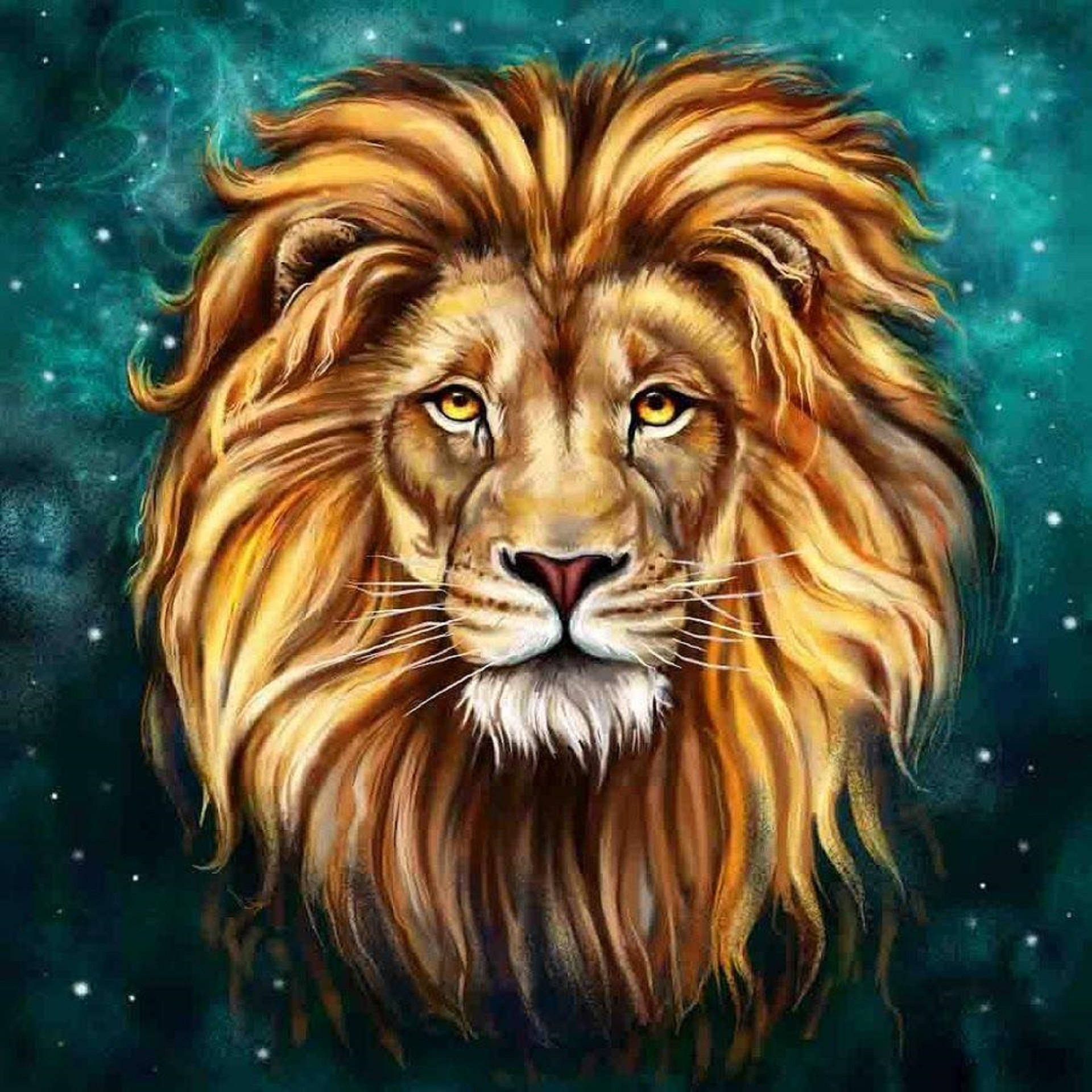 Lion Head 桌布 壁紙 — 一頭擁有金色鬃毛的雄偉獅子，在繁星點點的藍綠色宇宙背景下凝視著。