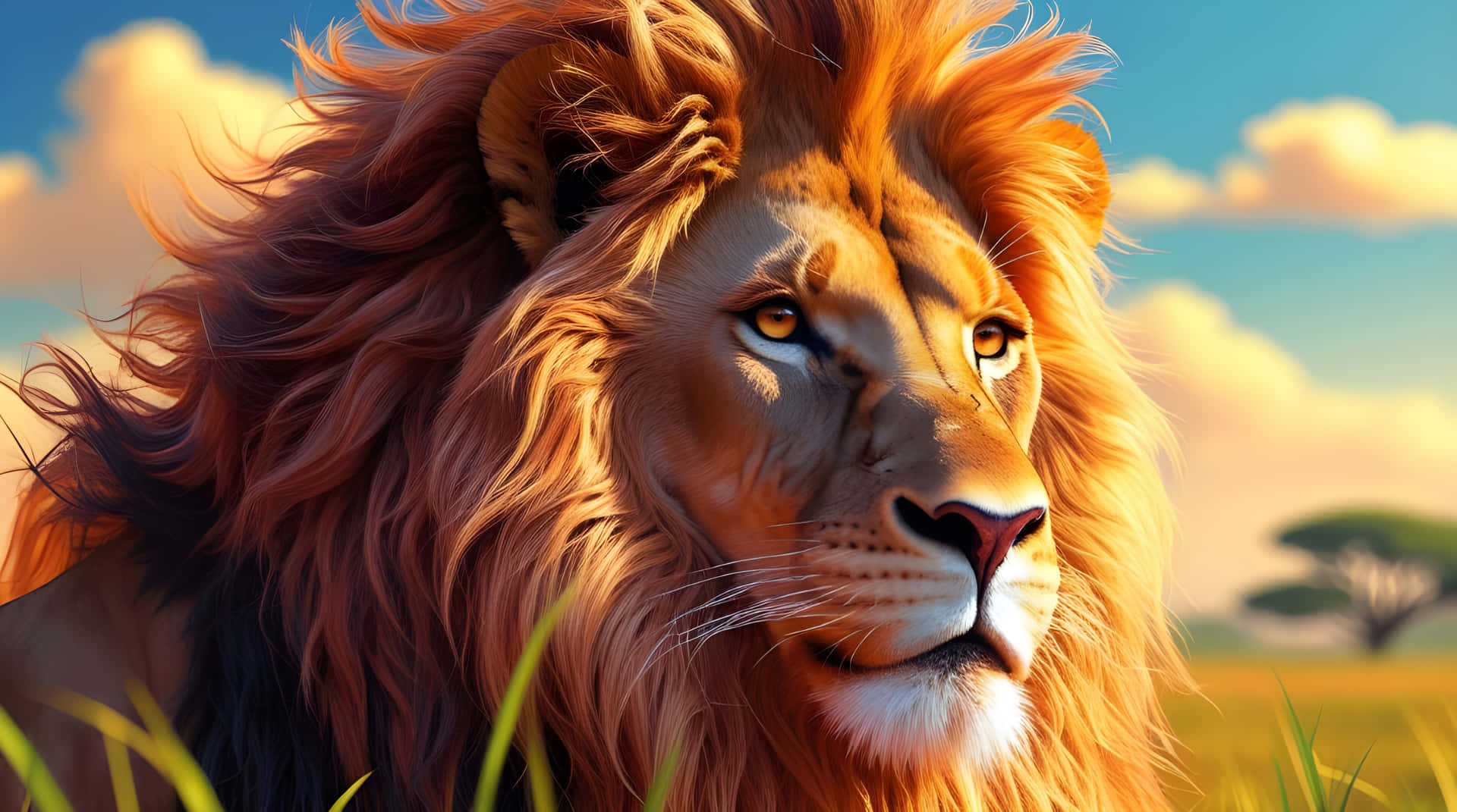 Lion 壁紙 — 一頭擁有金色鬃毛的雄偉雄獅，在陽光明媚的稀樹草原上，藍天白雲下，凝視前方。