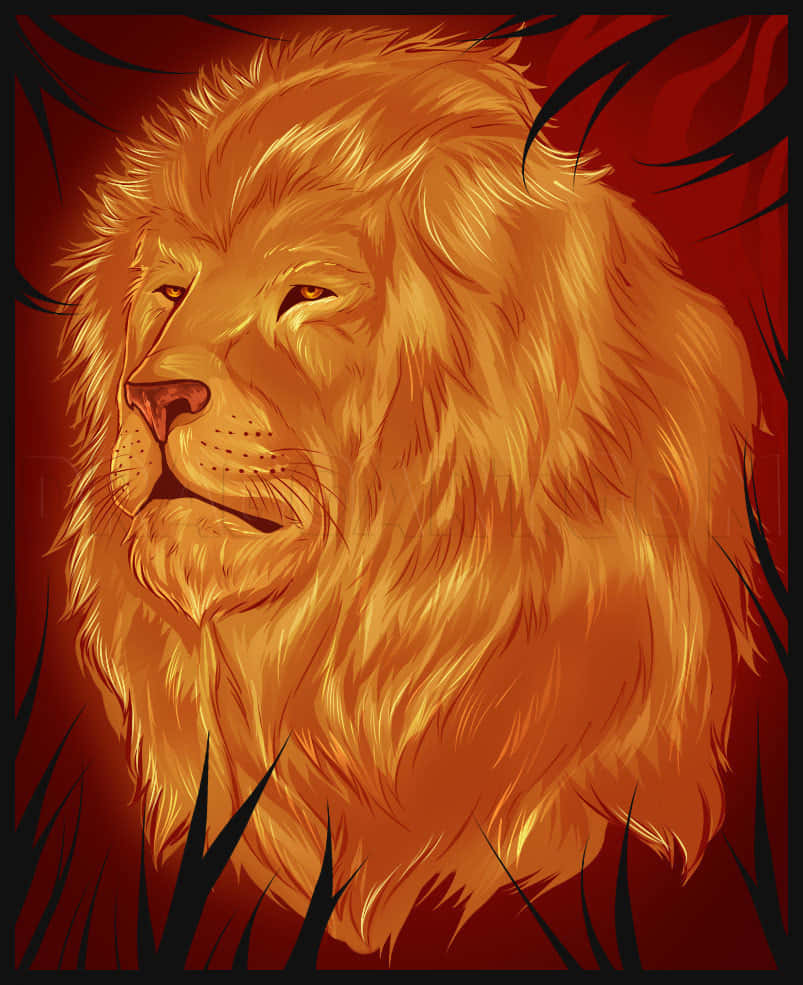 Lion Head 桌布 壁紙 — 一頭擁有金色鬃毛的雄獅，在由暗色草影構成的框架內，對著火紅的背景向前凝視。