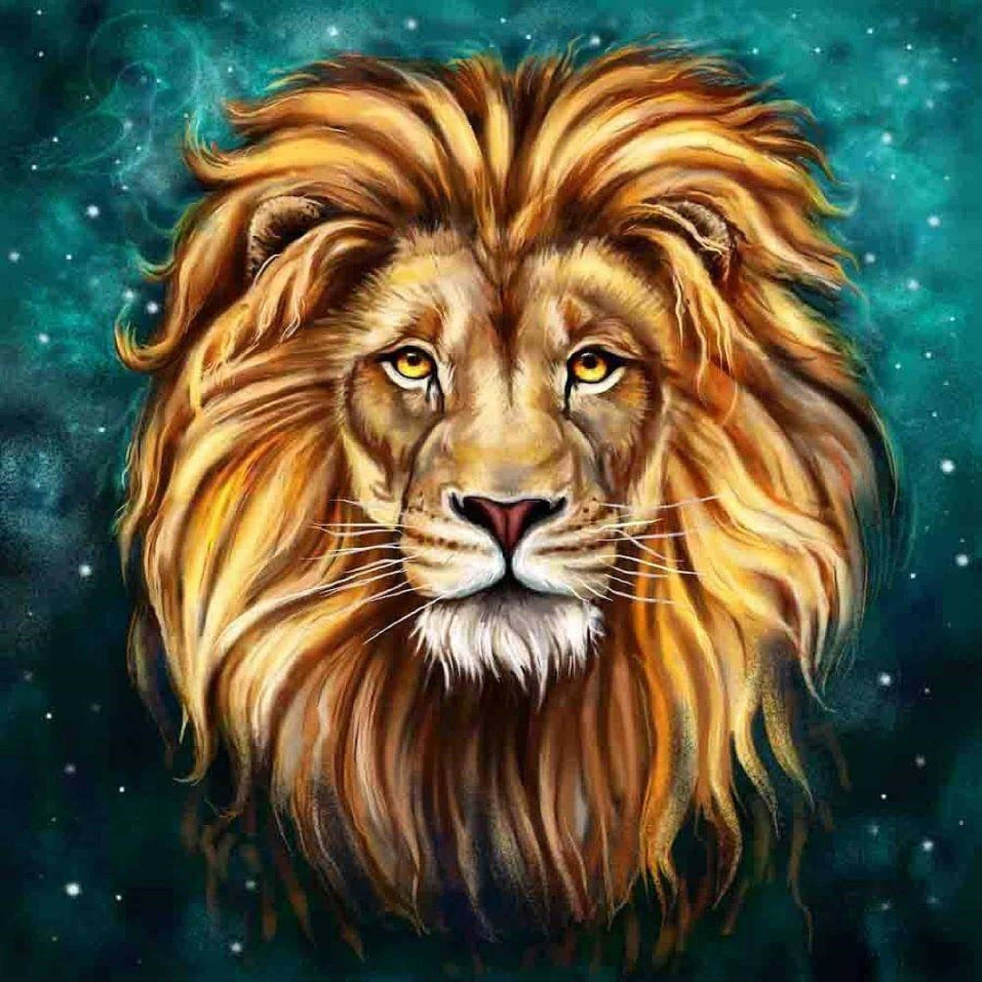 藝術 桌布 壁紙 — 一頭擁有金色鬃毛的雄獅，在繁星點點的藍綠色宇宙背景下凝視著。