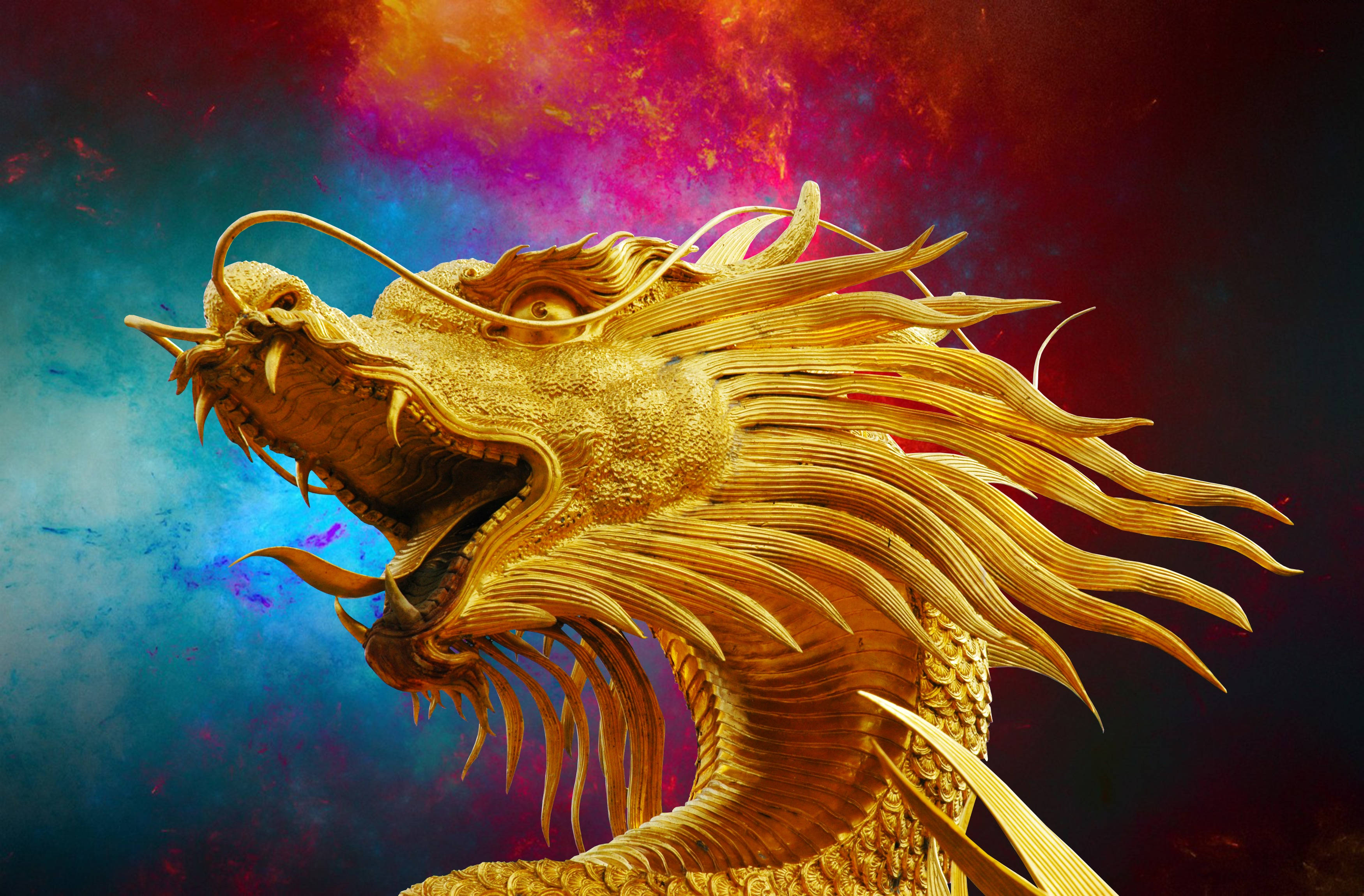 龍 桌布 壁紙 — 一頭擁有飄逸鬃毛的雄偉金龍，在紅、藍、紫的鮮豔宇宙天空中咆哮。