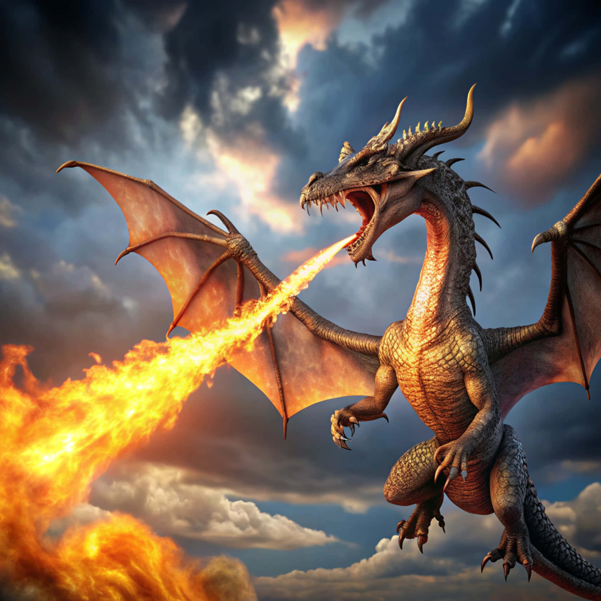 Fire breathing dragon 壁紙 — 一頭擁有鱗片翅膀的雄偉巨龍張開雙臂，向著暴風雨中的暮色天空噴出一股烈焰。