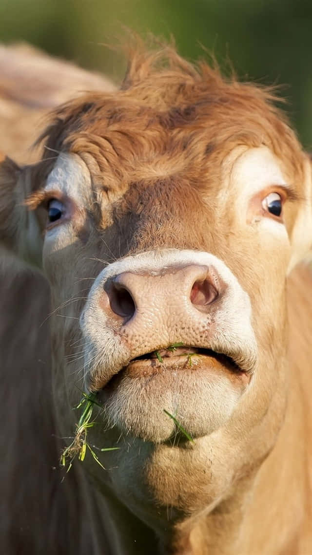 可愛的牛 桌布 壁紙 — 一頭棕色乳牛嘴裡含著草，在陽光明媚的田野中直視鏡頭的特寫。