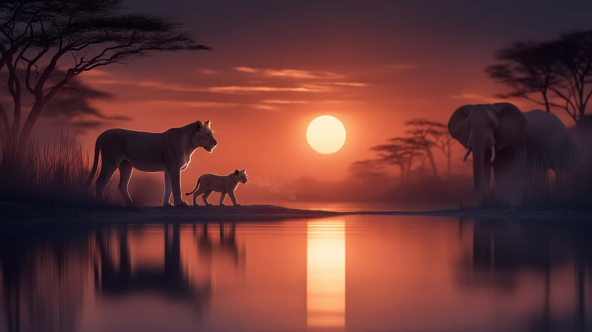 日落時分，母獅和幼獅在水邊行走，背景有大象 — 獅子 壁紙
