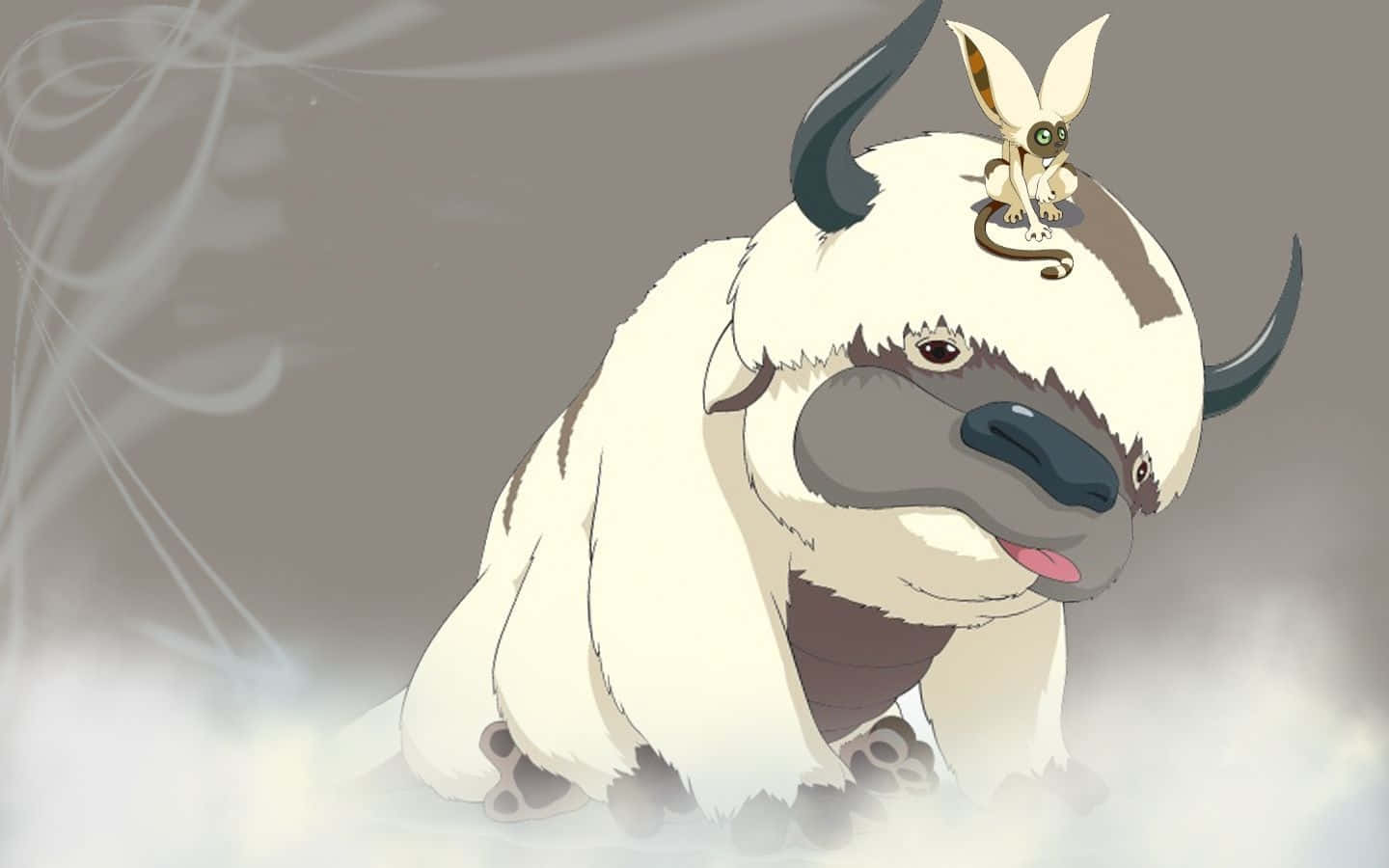 Appa Avatar 桌布 壁紙 — 一頭毛茸茸的白色氂牛，長著深色角，頭頂上棲息著一隻小生物，站在霧氣瀰漫的灰色環境中。