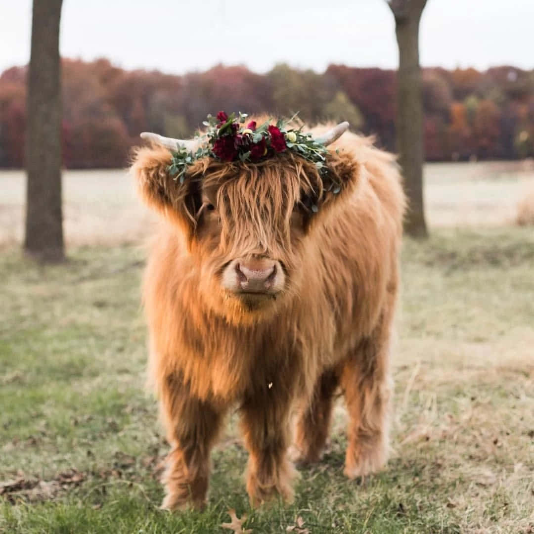 Aesthetic Cow 桌布 壁紙 — 一頭毛茸茸的高地牛戴著紅色花環，站在有秋天樹木做背景的草地上。