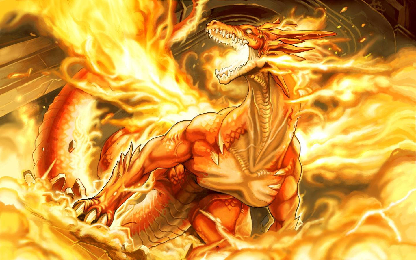 Fire Anime 桌布 壁紙 — 一頭火橙色的龍在旋轉的火焰中咆哮，呈現出動態的數位插圖。
