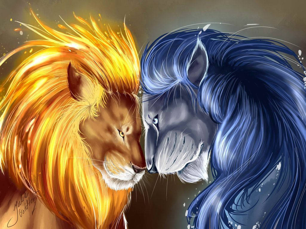 Lion Head 桌布 壁紙 — 一頭火熱的金色獅子和一頭冷酷的藍色狼在戲劇性的數位藝術對峙中面對面。