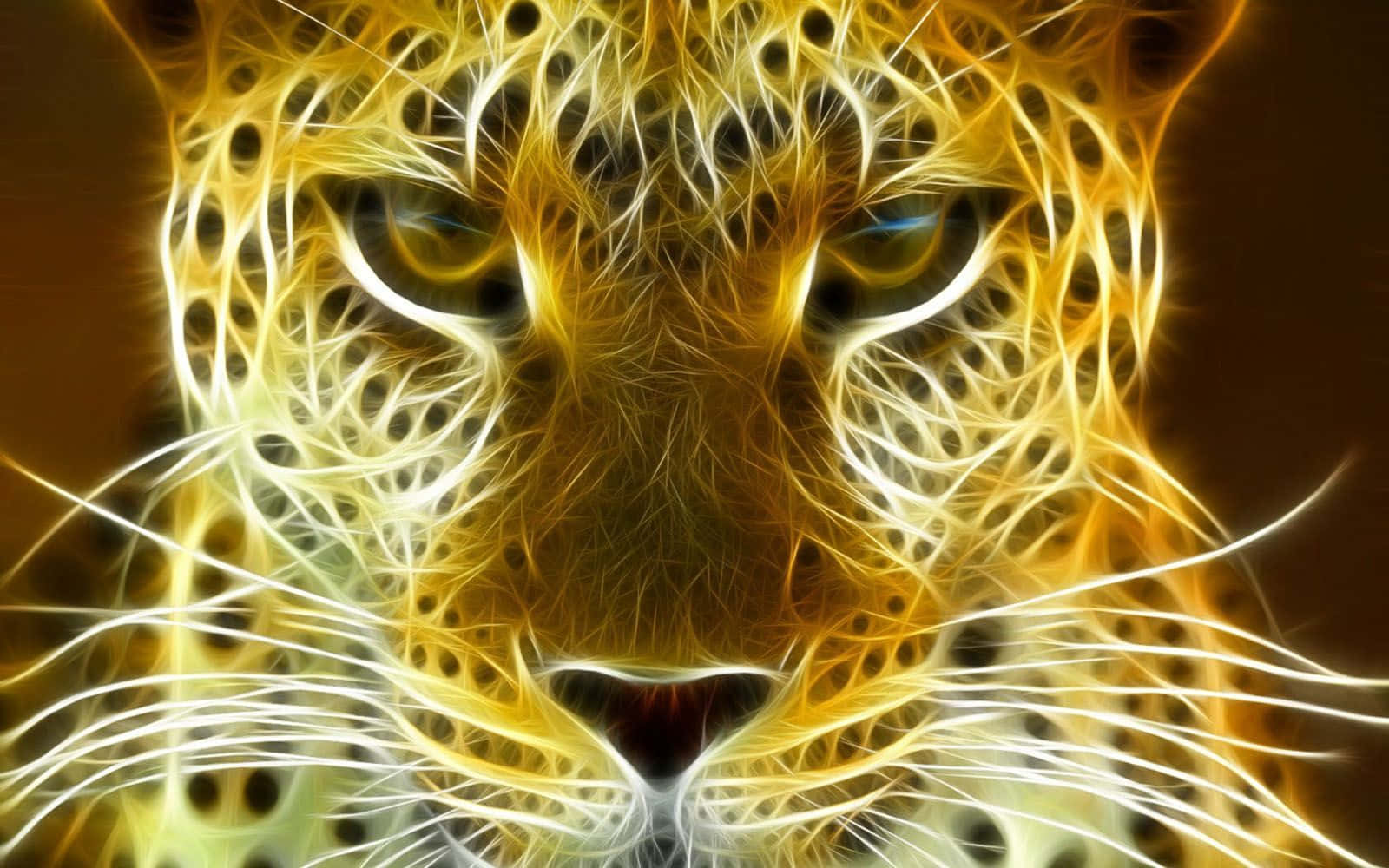 3d Animal 桌布 壁紙 — 一頭火熱的金色豹臉，眼睛發光，帶有電光白色毛髮，在黑暗背景中。