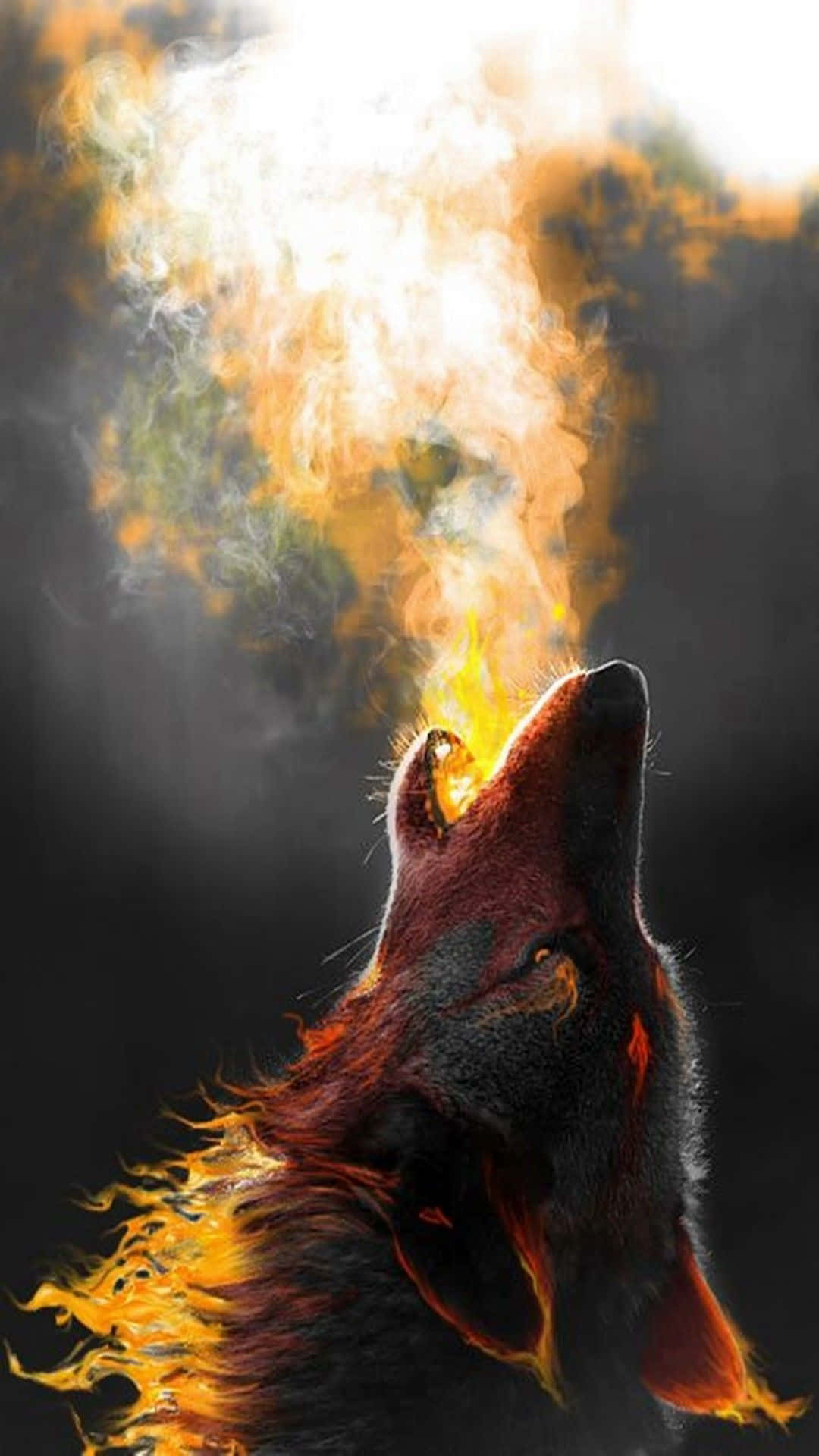 Howling Wolf 桌布 壁紙 — 一頭火狼在黑暗背景下向上嚎叫，火焰和煙霧從其口中噴出。