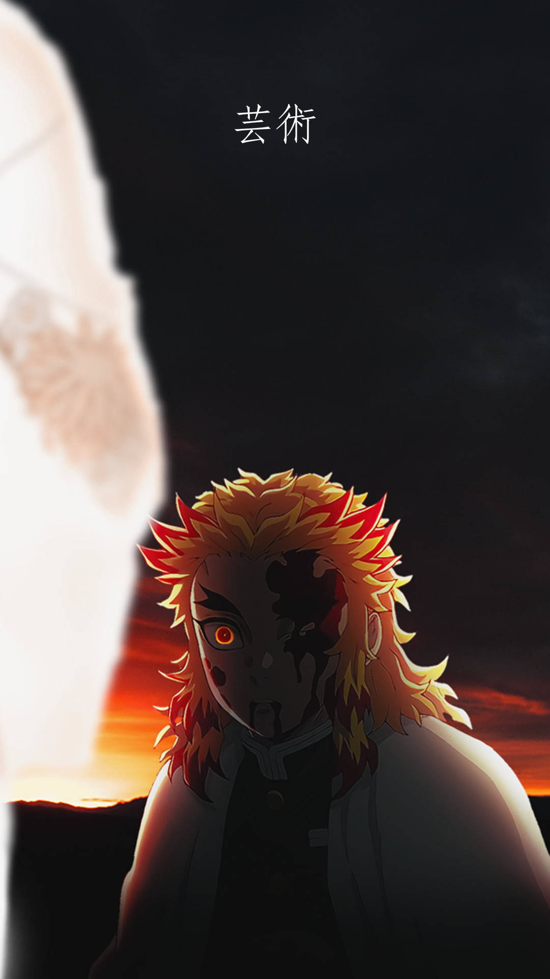 Demon Slayer Aesthetic 桌布 壁紙 — 一頭火紅頭髮的動漫惡魔，擁有發光的橙色眼睛，在戲劇性的日落天空下以剪影站立。