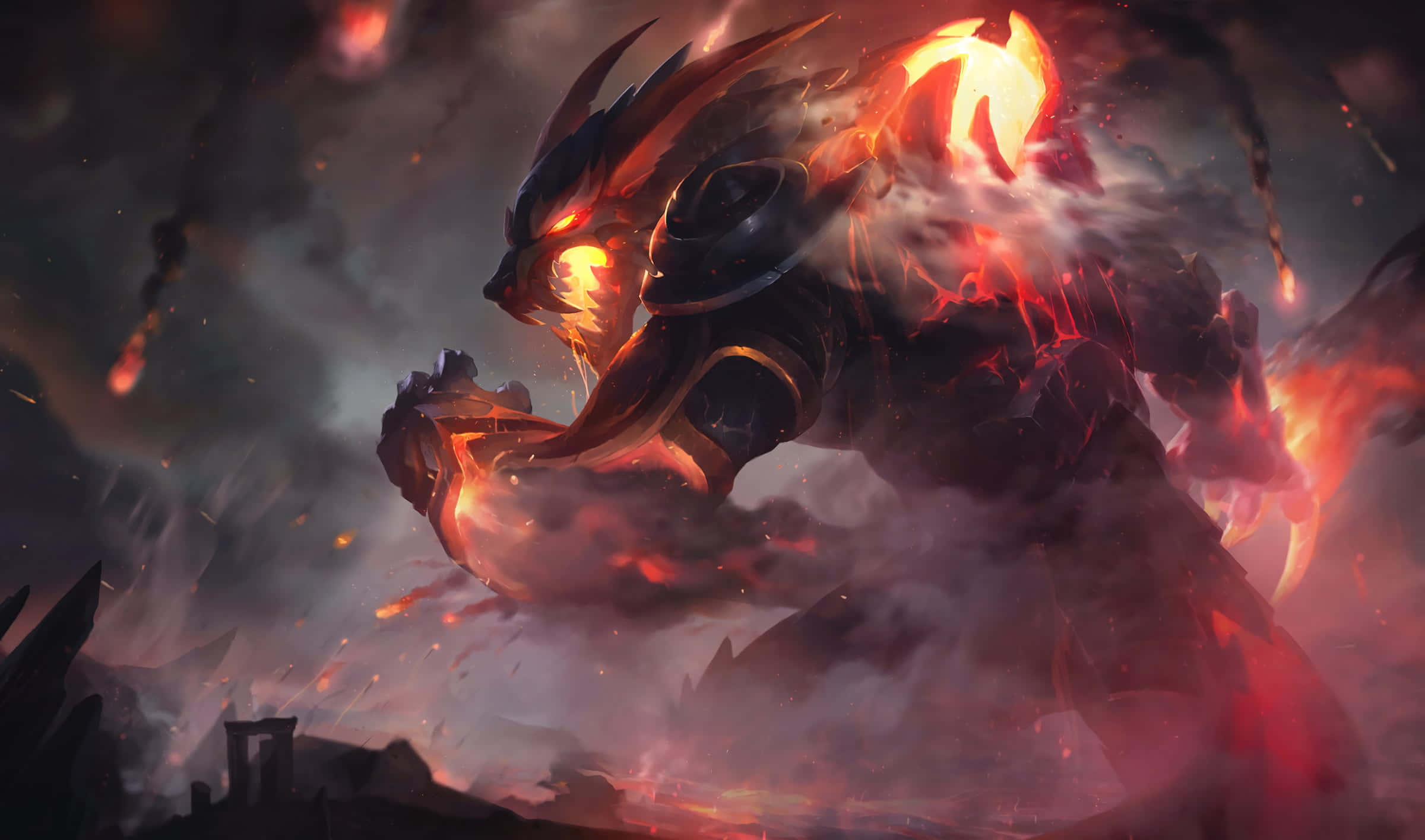 beast 桌布 壁紙 — 一頭熾熱的惡魔龍，雙眼發光，身披熔岩鎧甲，在黑暗的末日風景中，於煙霧和餘燼中咆哮。