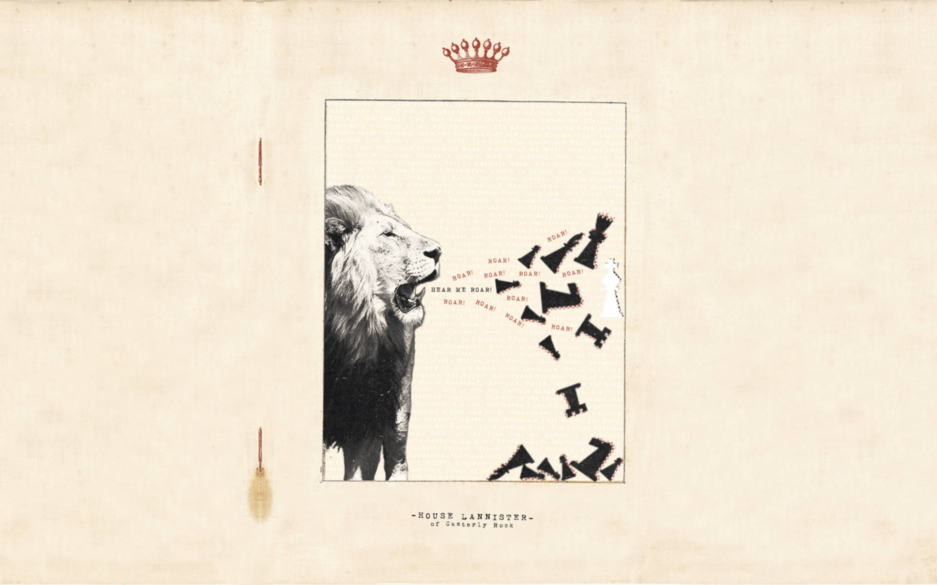 House Lannister 桌布 壁紙 — 一頭獅子咆哮，黑色棋子從其口中飛出，背景是羊皮紙，帶有王冠和蘭尼斯特家族文字。