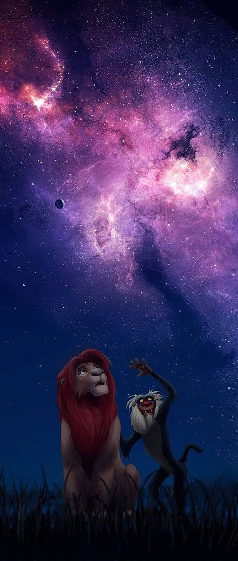 一頭獅子和一隻猴子仰望色彩繽紛的星空，其中有發光的星雲。 — 銀河獅子 壁紙