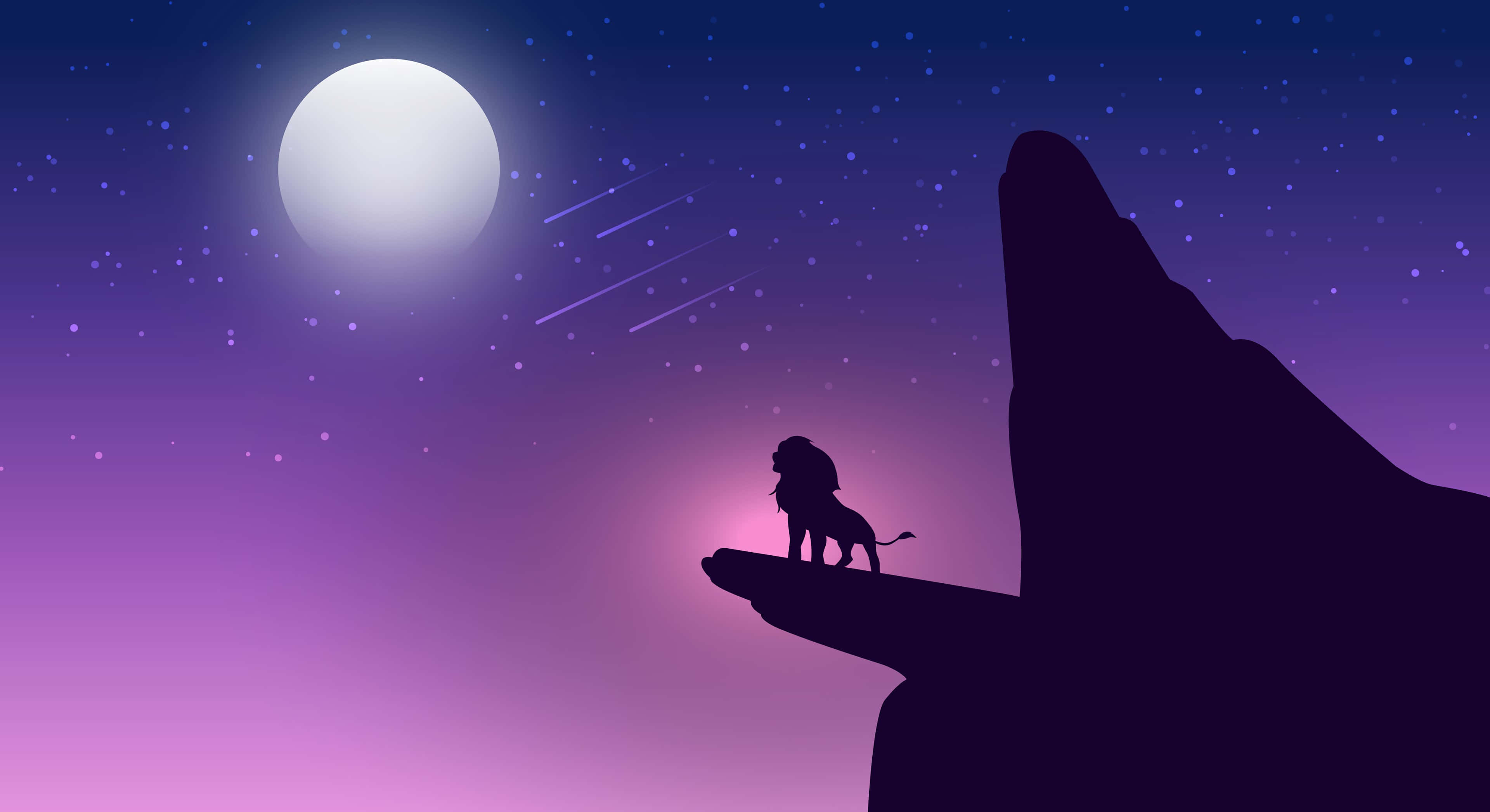 獅子王 桌布 壁紙 — 一頭獅子的剪影站在懸崖頂上，在紫色暮光天空下，一輪發光的月亮和流星。