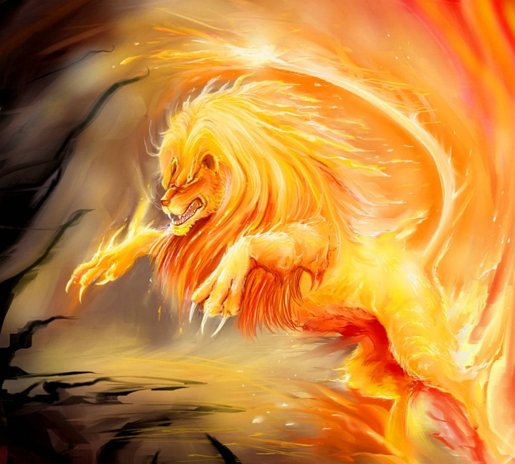 lion roar 桌布 壁紙 — 一頭由咆哮火焰組成的兇猛獅子，在黑暗旋轉的背景中向前躍進。