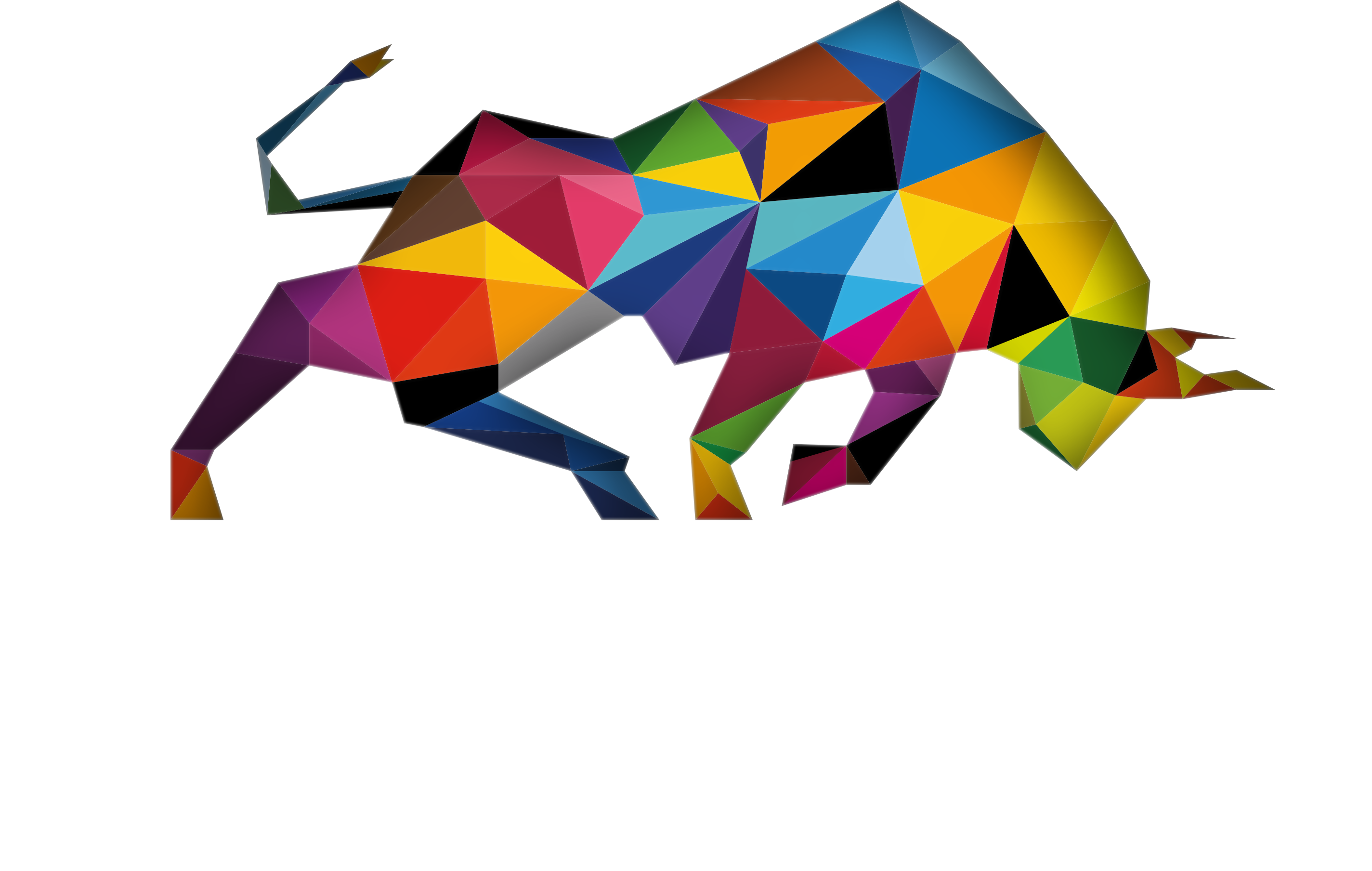 taurus 桌布 壁紙 — 一頭由彩色三角形組成的充滿活力的幾何公牛，在深灰色背景上向前衝刺。