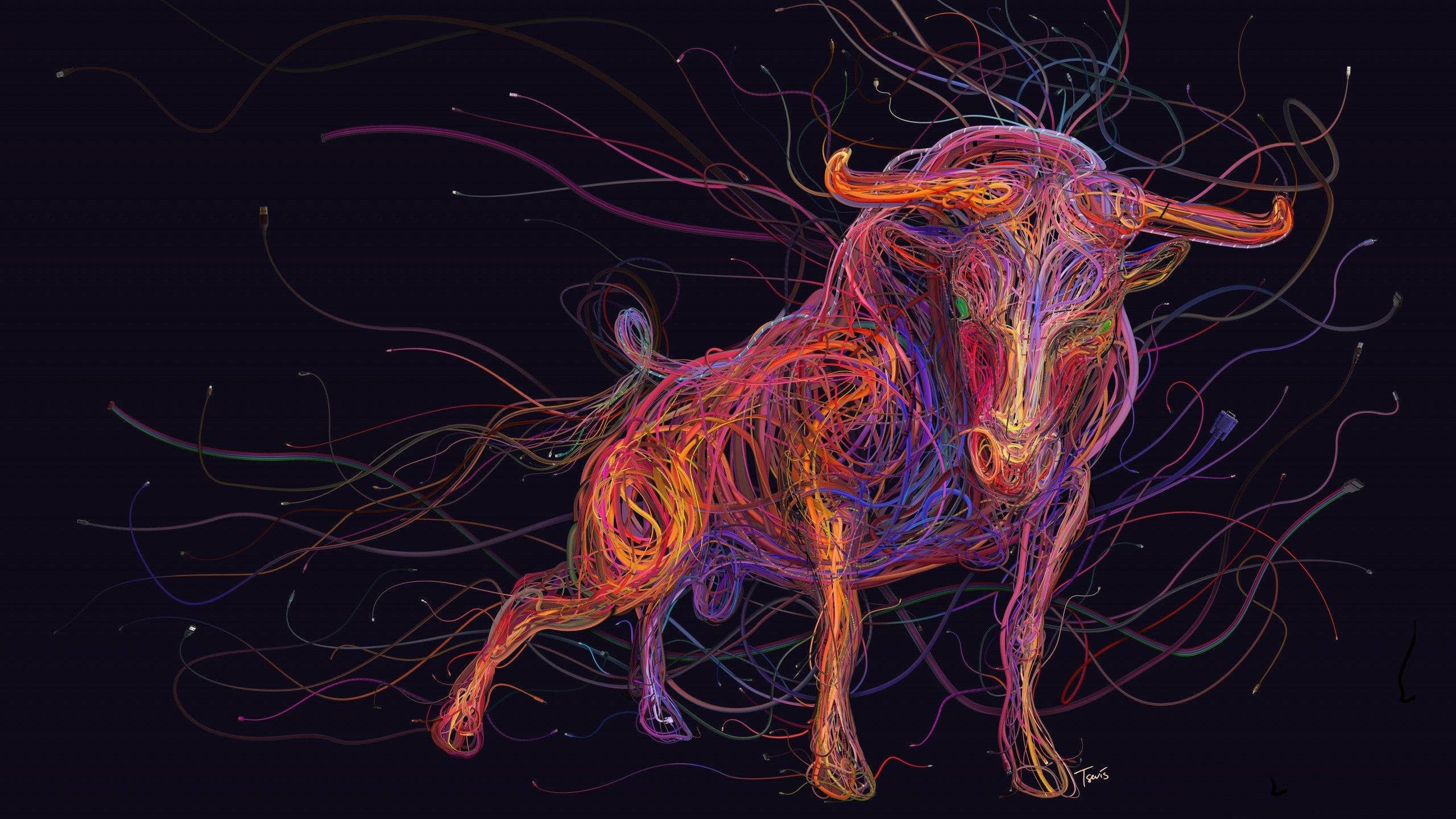 Taurus Aesthetic 桌布 壁紙 — 一頭由旋轉霓虹線條組成的充滿活力的抽象公牛，背景為深色。