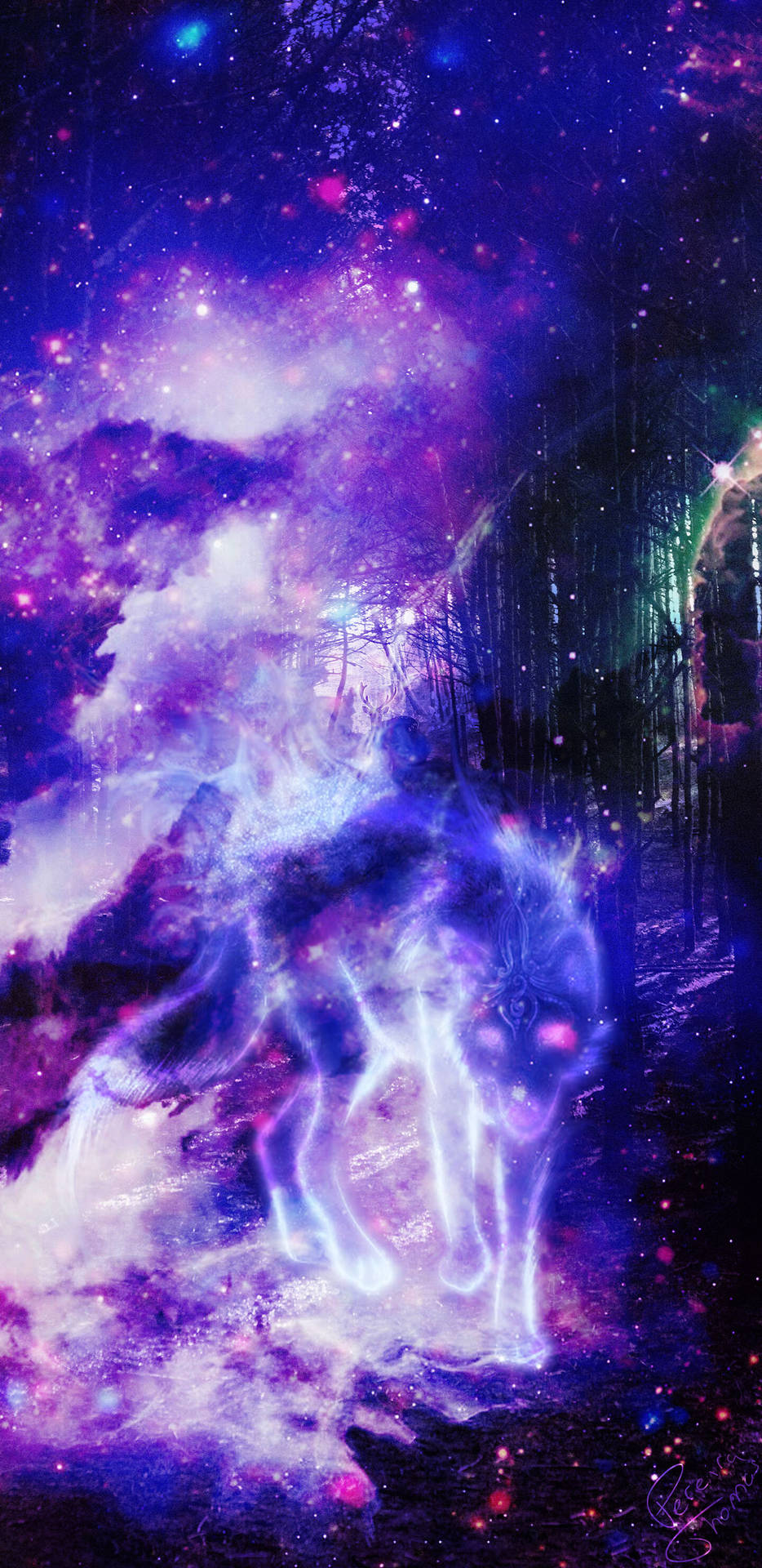 在宇宙森林中，一頭發光的狼與閃爍的星星和星雲。