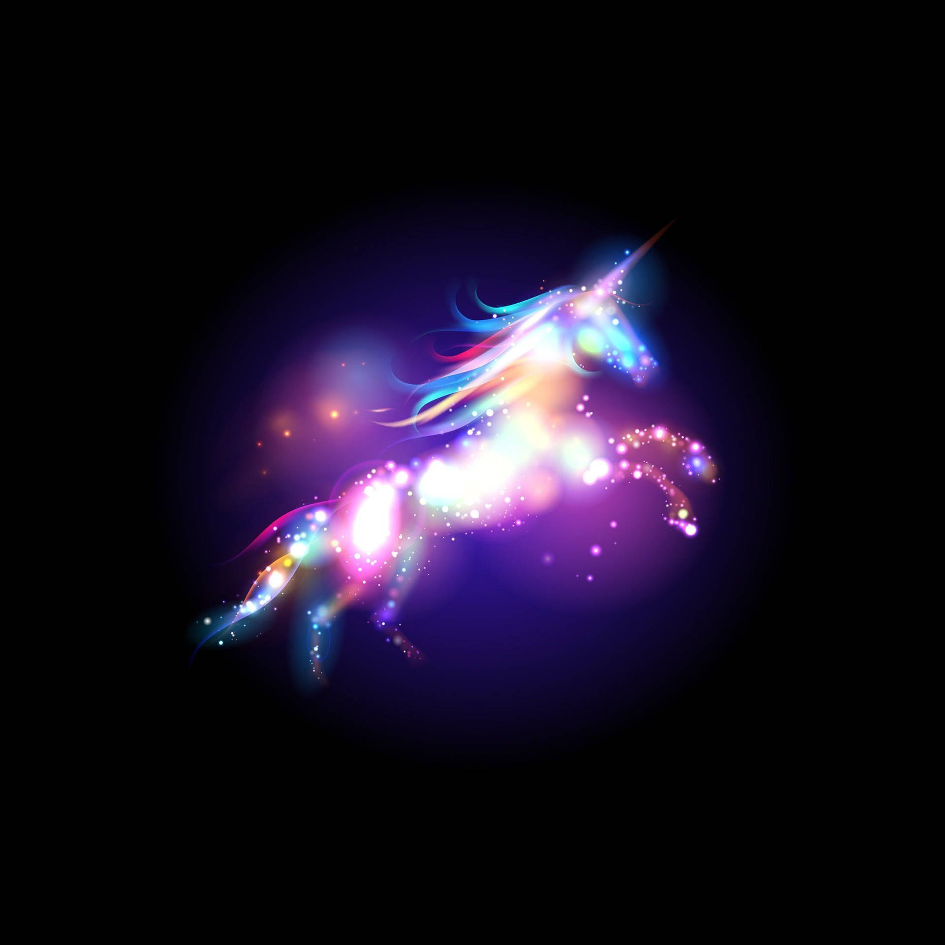 一頭由星星和光線組成的發光獨角獸劃過黑暗的宇宙背景。 — 閃爍 GIF 壁紙