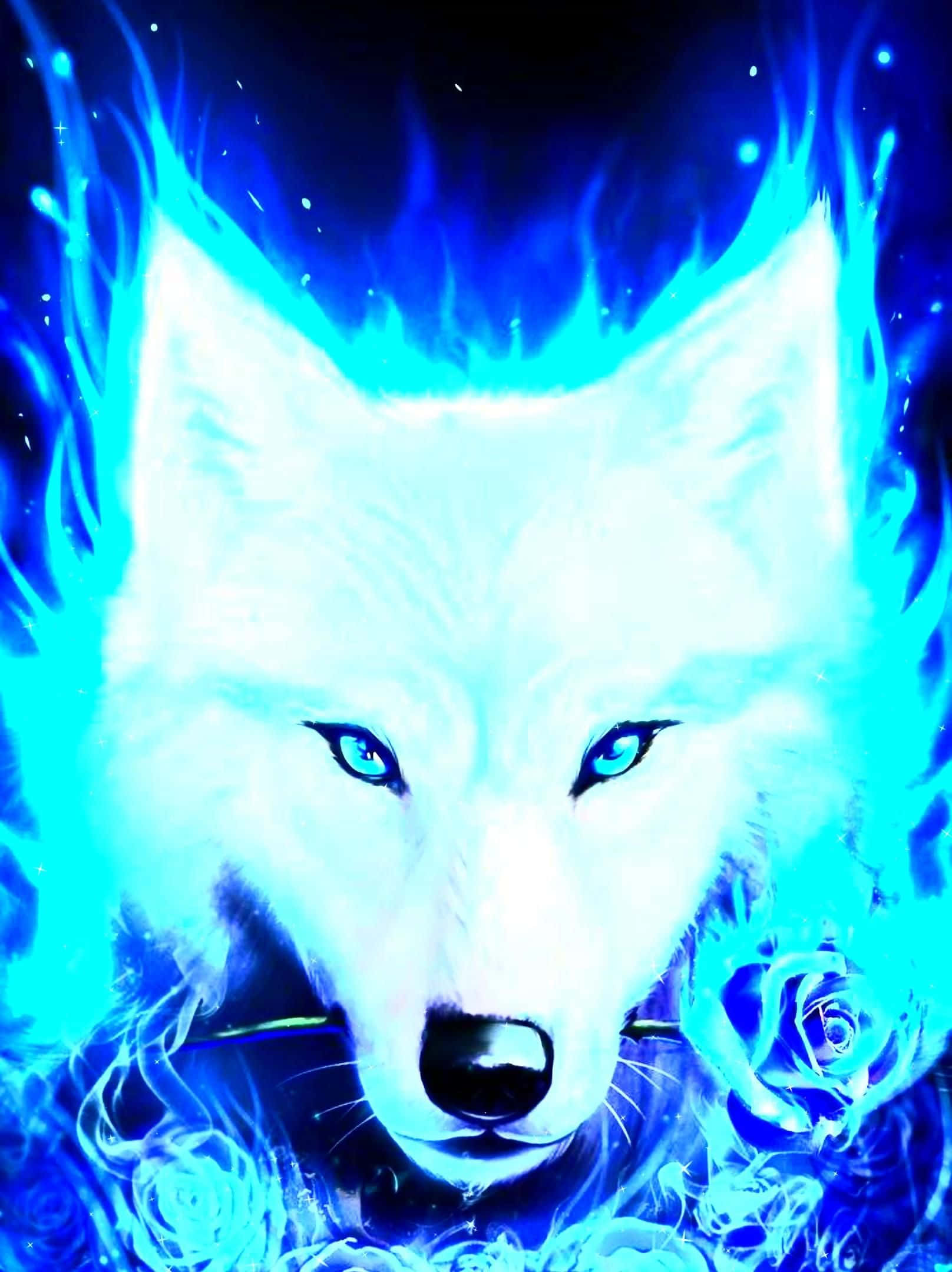 Epic Wolf 桌布 壁紙 — 一頭發光的白狼，帶有電光藍色的眼睛，火焰環繞其頭部和玫瑰，在宇宙藍色虛空中。