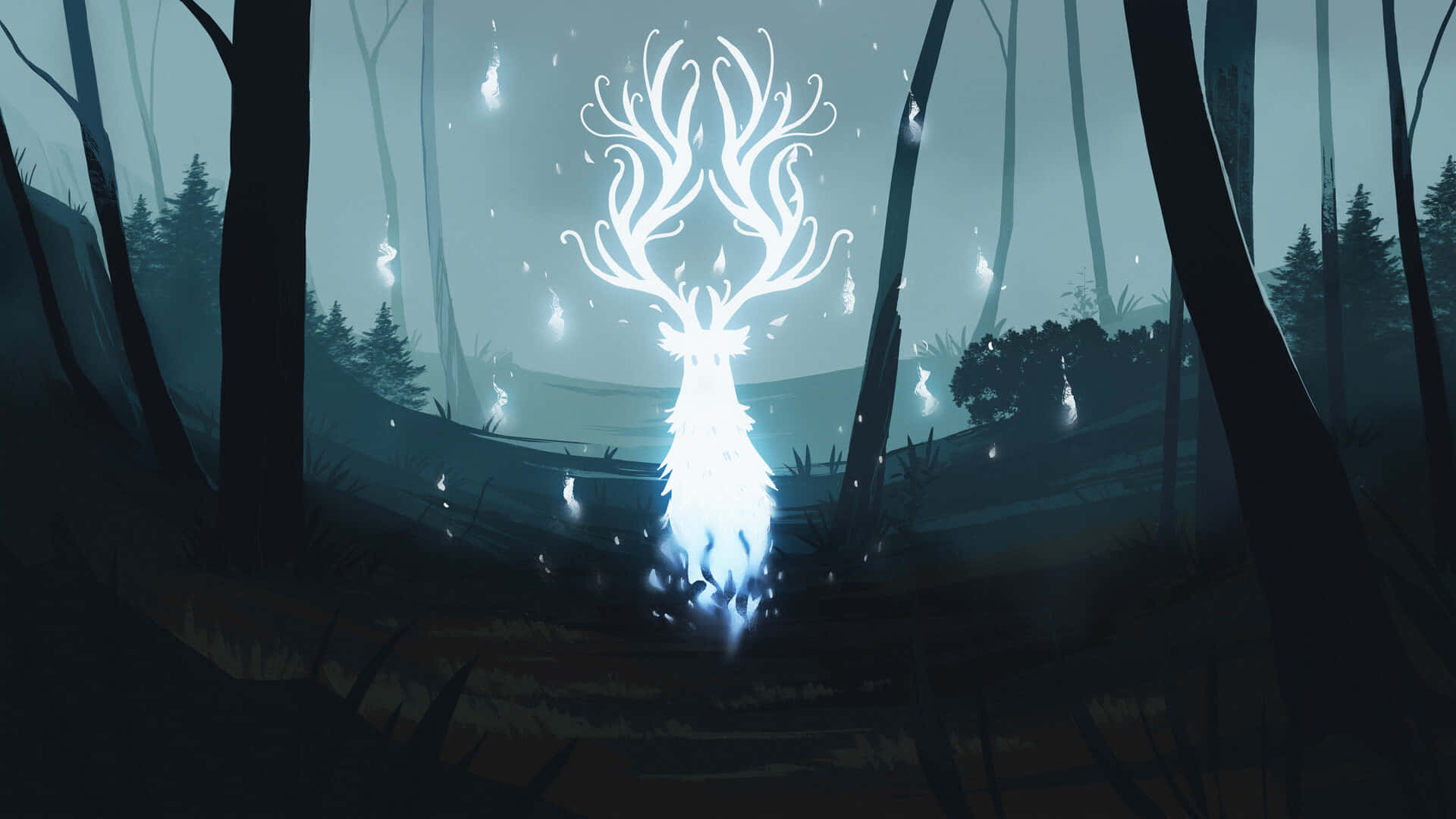 Patronus 桌布 壁紙 — 一頭發光的白色雄鹿，長著複雜的鹿角，站在迷霧森林中，周圍環繞著黑暗的樹木和漂浮的餘燼。