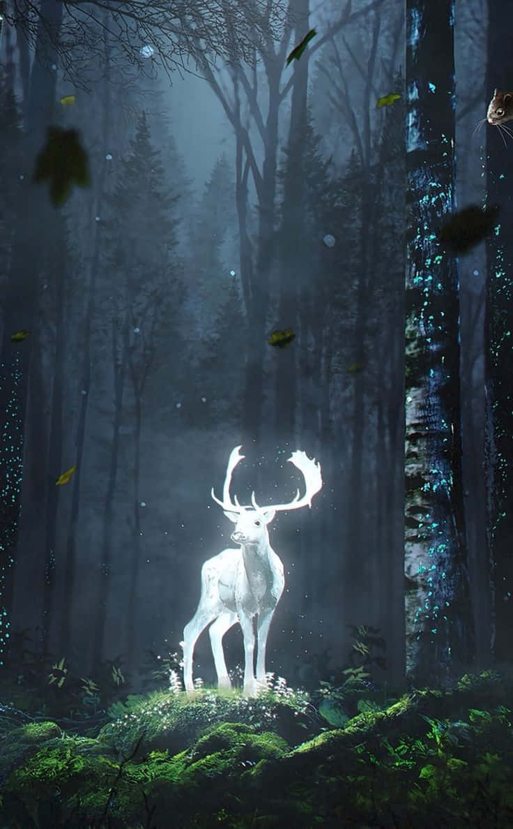 Cool Deer 桌布 壁紙 — 一頭發光的白色雄鹿站在霧氣瀰漫的森林中，發光的樹葉在它周圍飄動，一隻狐狸從樹叢中探出頭來。