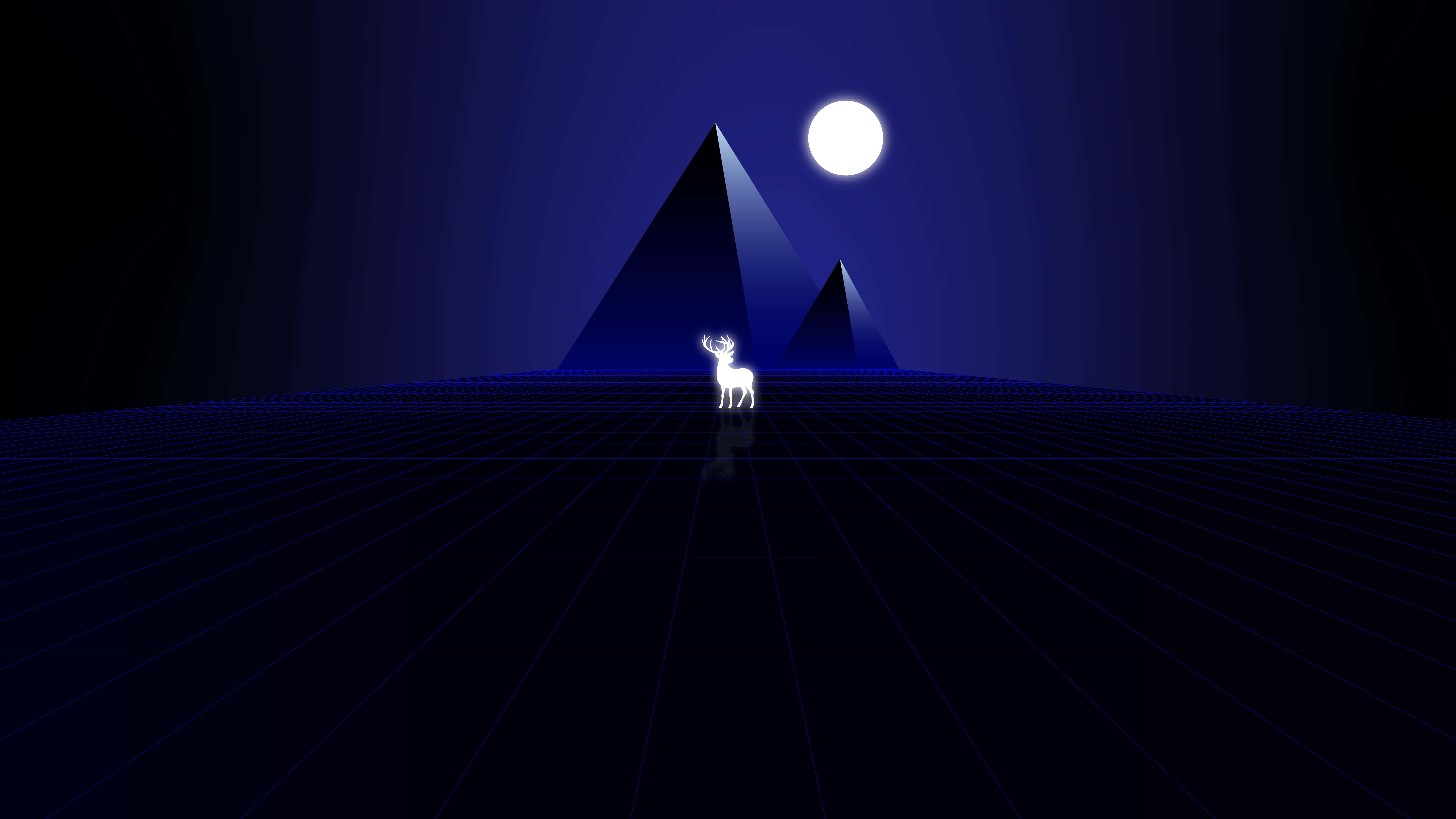 Moon Aesthetic 桌布 壁紙 — 一頭發光的白色鹿站在黑暗的網格上，滿月之下，兩個幾何金字塔之間，數位夜景。