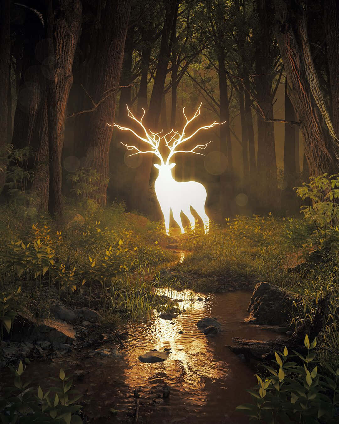 Cool Deer 桌布 壁紙 — 一頭發光的白鹿，帶有發光的鹿角，站在霧氣瀰漫的森林空地旁，旁邊是一條反射著光線的小溪。