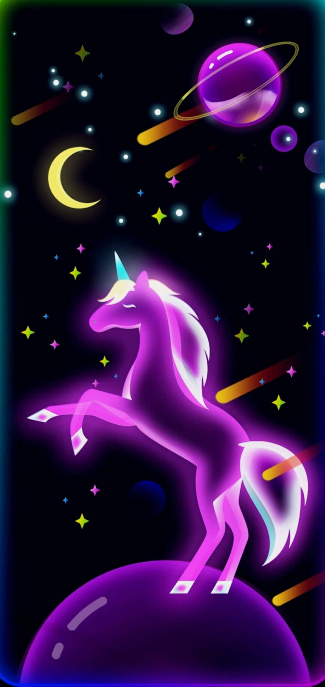 獨角獸 桌布 壁紙 — 一頭發光的紫色獨角獸在一顆行星上揚起，背景是星空宇宙，有新月和色彩繽紛的行星。