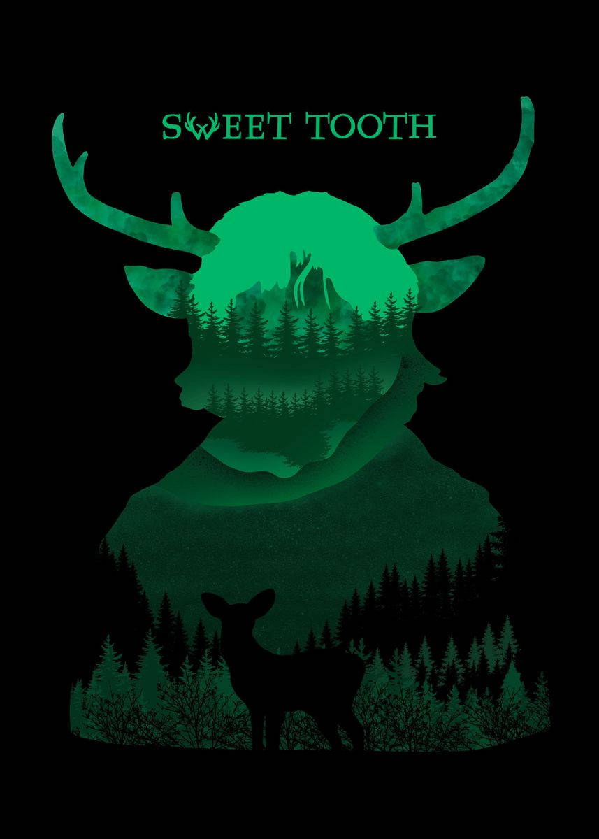 Tooth 桌布 壁紙 — 一頭發光的綠色鹿剪影，頭部內有森林和山脈，站在黑暗森林中一頭較小的鹿上方。