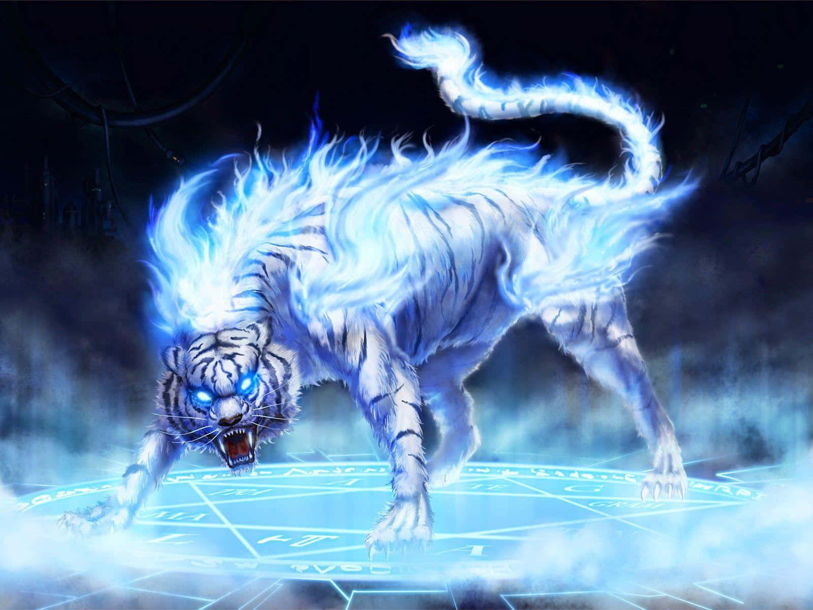 3d Animal 桌布 壁紙 — 一頭發光的藍白色老虎，有著火焰般的鬃毛，在黑暗迷霧中神秘發光的符文圓圈上猛烈咆哮。