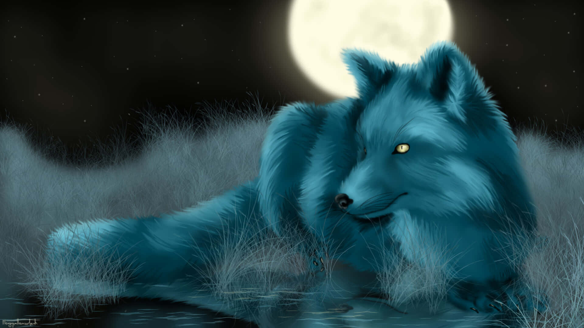 Cool Anime Fox 桌布 壁紙 — 一頭發光的藍色狼在草地上休息，滿月在其皮毛和周圍投下寧靜的光芒。