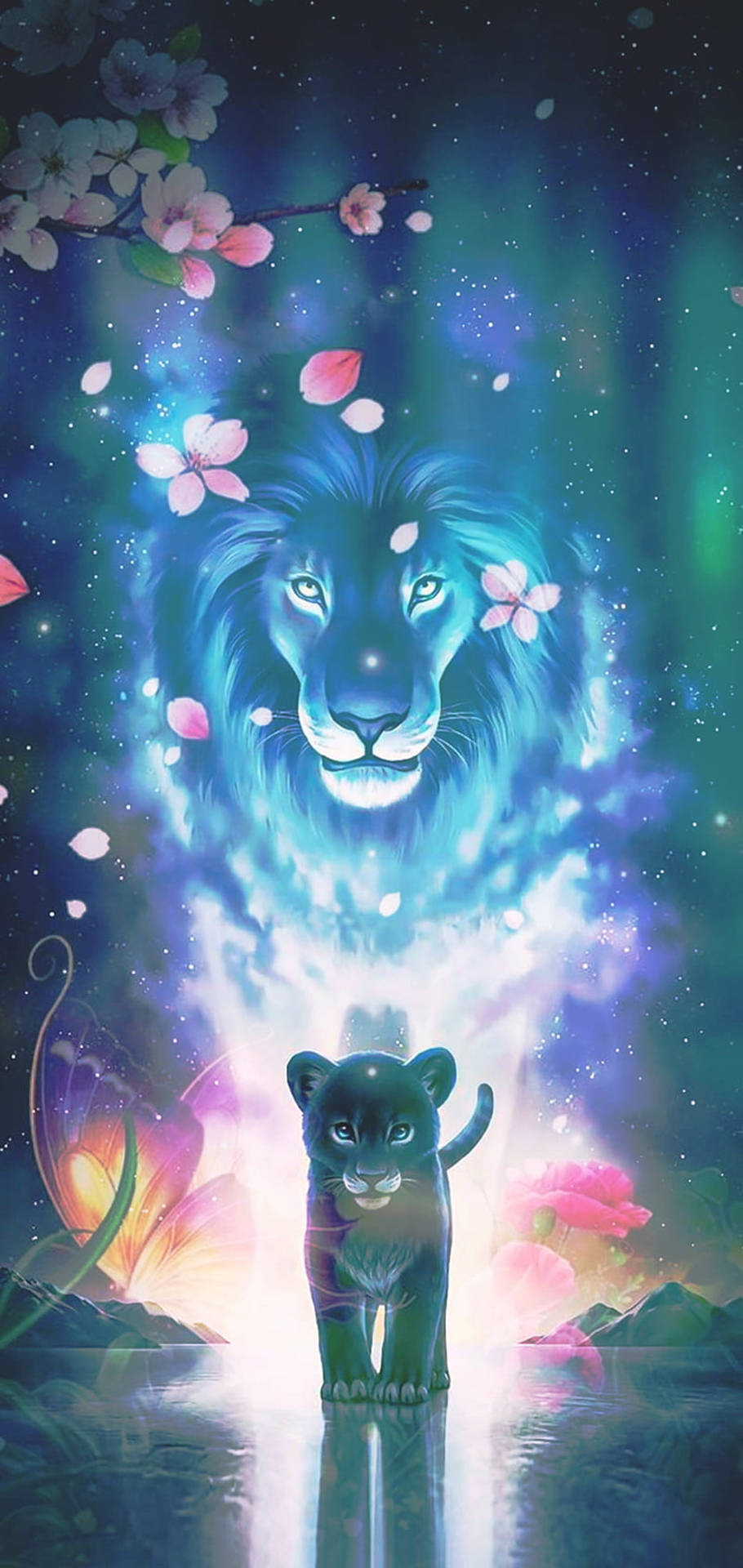 壁紙 — 一頭發光的藍色獅子靈體從宇宙天空浮現，一隻小黑幼崽站在櫻花下反射的水中。