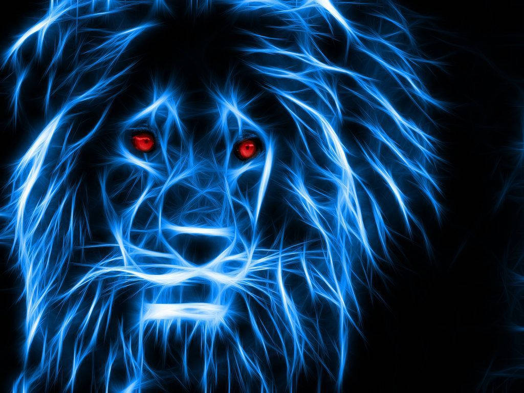 Lion Head 桌布 壁紙 — 一頭發光的藍色電獅，帶有火紅色的眼睛，在黑色虛空中強烈凝視。