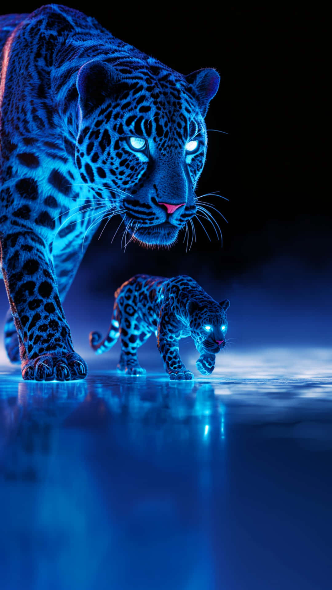 Majestic blue jaguars with luminous eyes navigate a mystical, glowing realm 壁紙 — 一頭發光的藍色霓虹美洲虎和幼崽在黑暗的天空下走過反光表面。