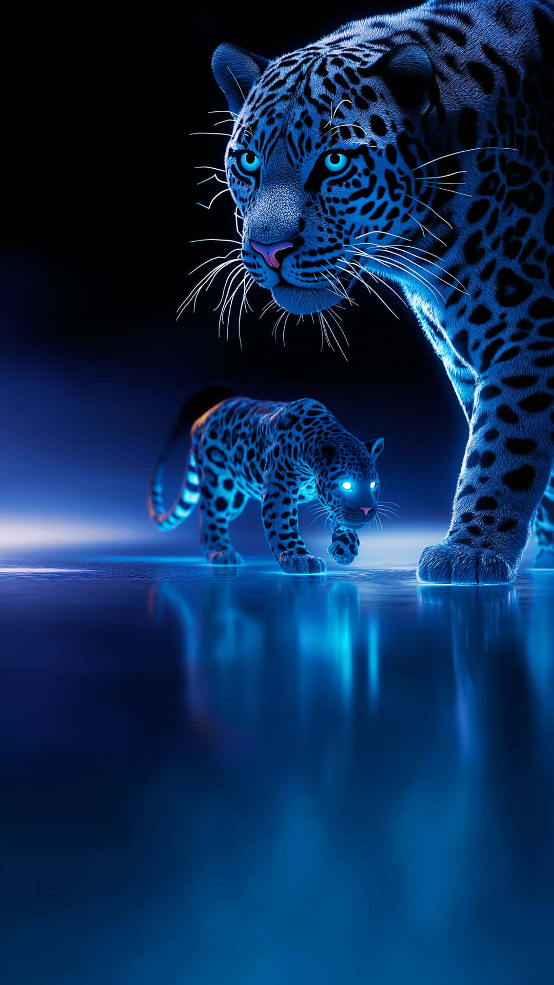 A majestic neon blue jaguar and its cub with glowing eyes in a mystical dark realm 壁紙 — 一頭發光的藍色霓虹美洲豹和幼崽在黑暗的天空下走過反射表面。