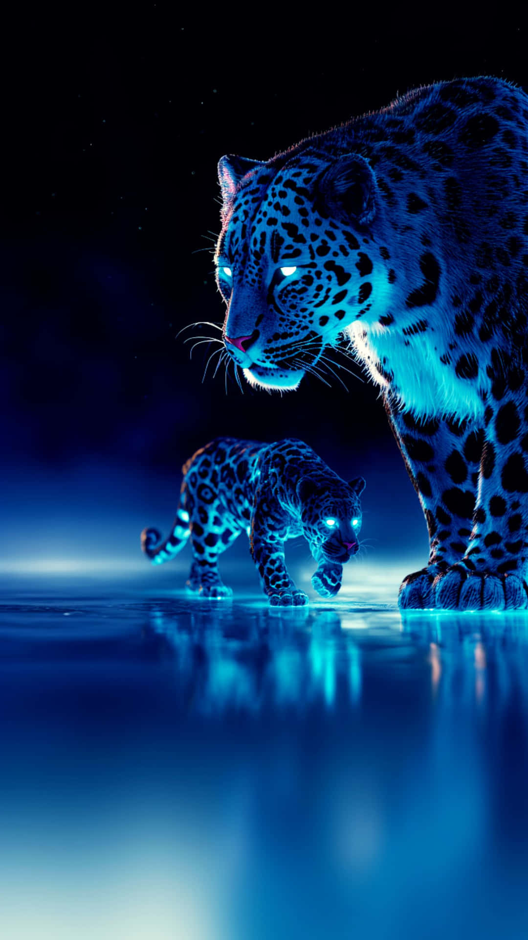 A majestic glowing blue jaguar and its cub walk across a reflective, dark blue surface 壁紙 — 一頭發光的藍色霓虹美洲豹和幼崽站在反射的冰面上，星空下。