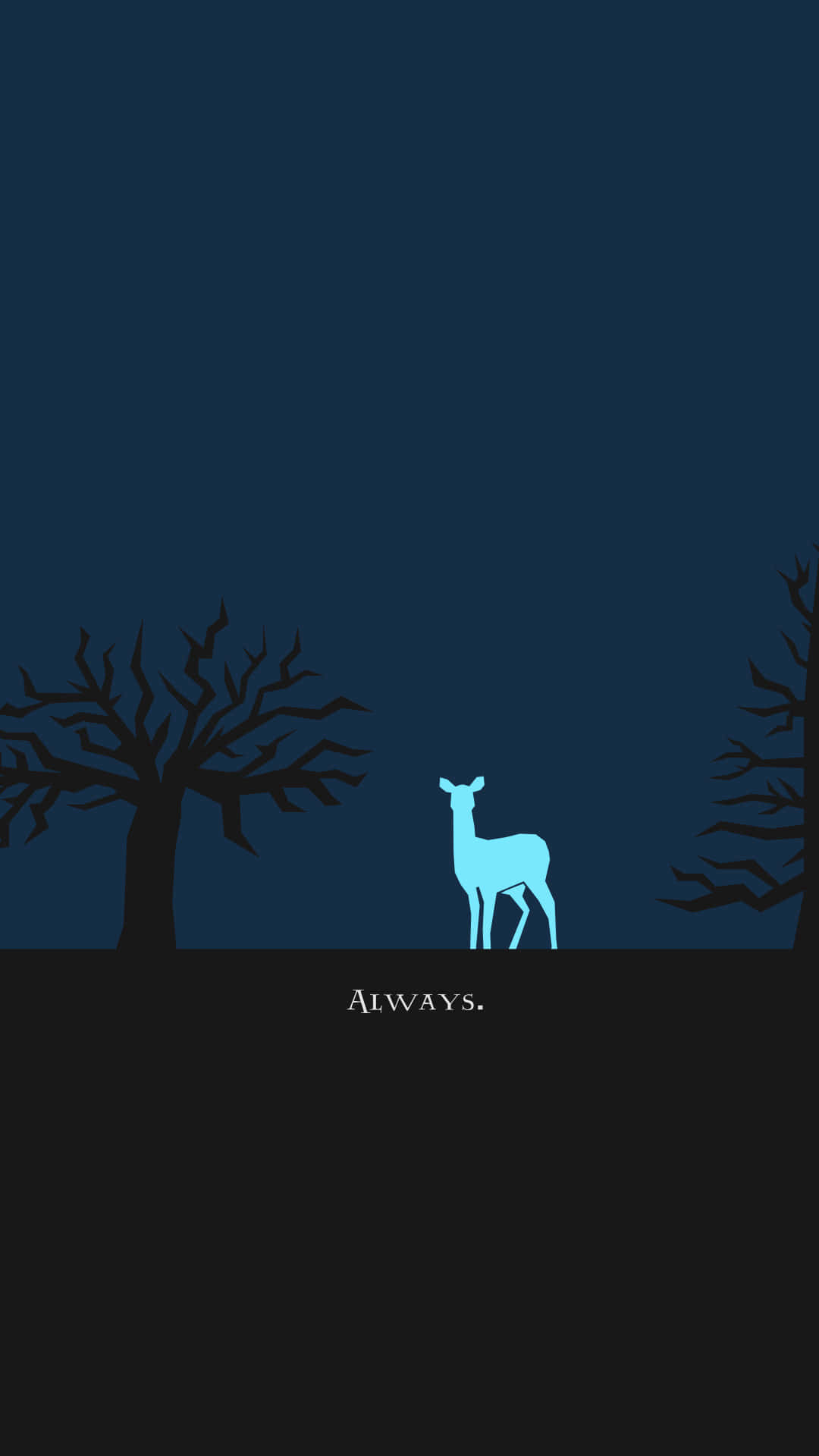 Patronus 桌布 壁紙 — 一頭發光的藍色鹿站在兩棵光禿禿的樹之間，在深藍色的天空下，下方有「always」這個詞。