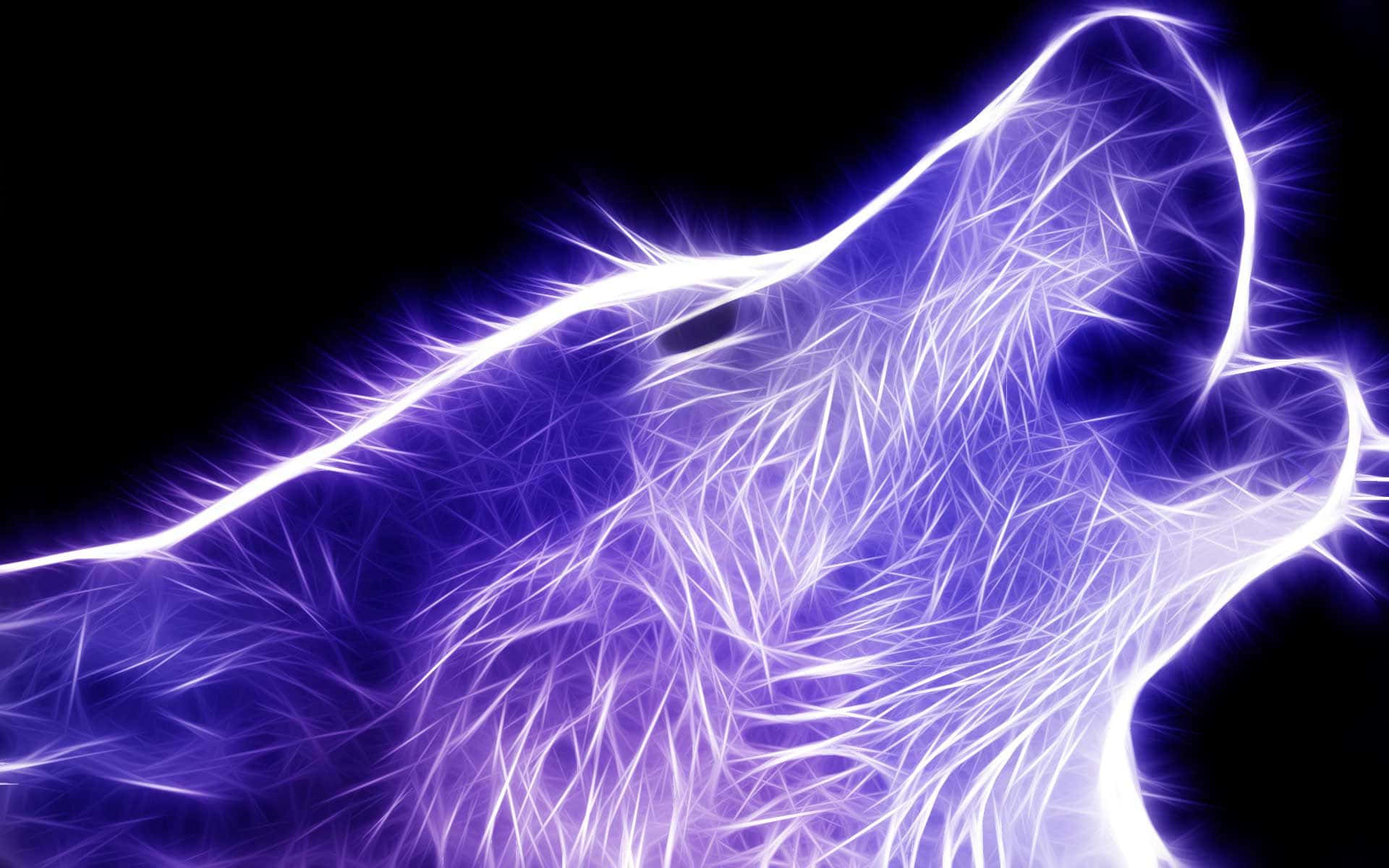 Galaxy Wolves 桌布 壁紙 — 一頭發光的電光藍色狼對著黑色虛空嚎叫，其皮毛以輻射狀的霓虹燈絲呈現。