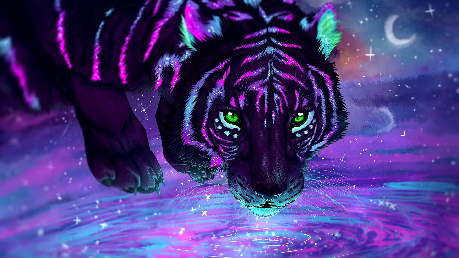動物 桌布 壁紙 — 一頭發光的霓虹老虎，綠色眼睛，在彎月下從宇宙紫色和藍色星空水面凝視。