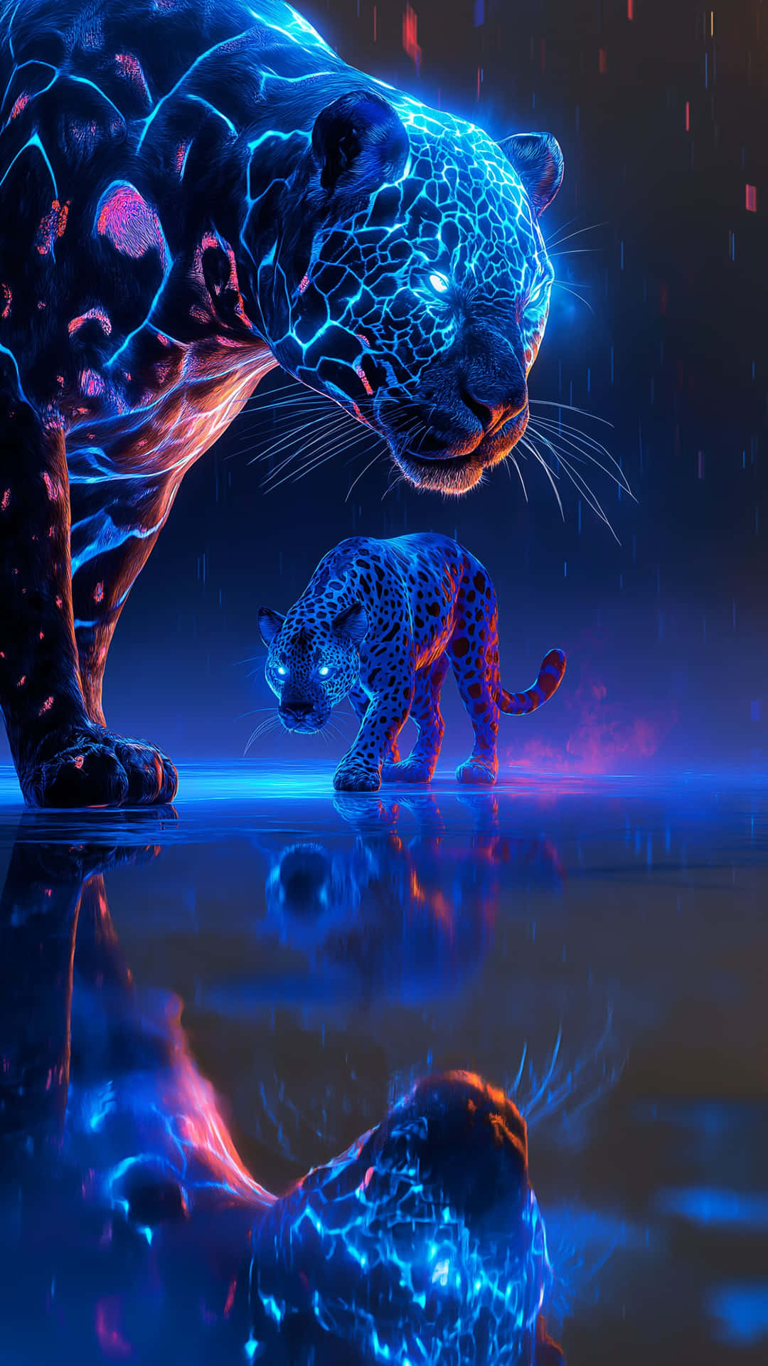 Glowing digital jaguars: a powerful mother and her cub in a vibrant neon landscape 壁紙 — 一頭發光的霓虹藍色美洲豹和幼崽站在雨水浸濕的水中，毛皮上有電光閃爍，下方有鮮明的倒影。