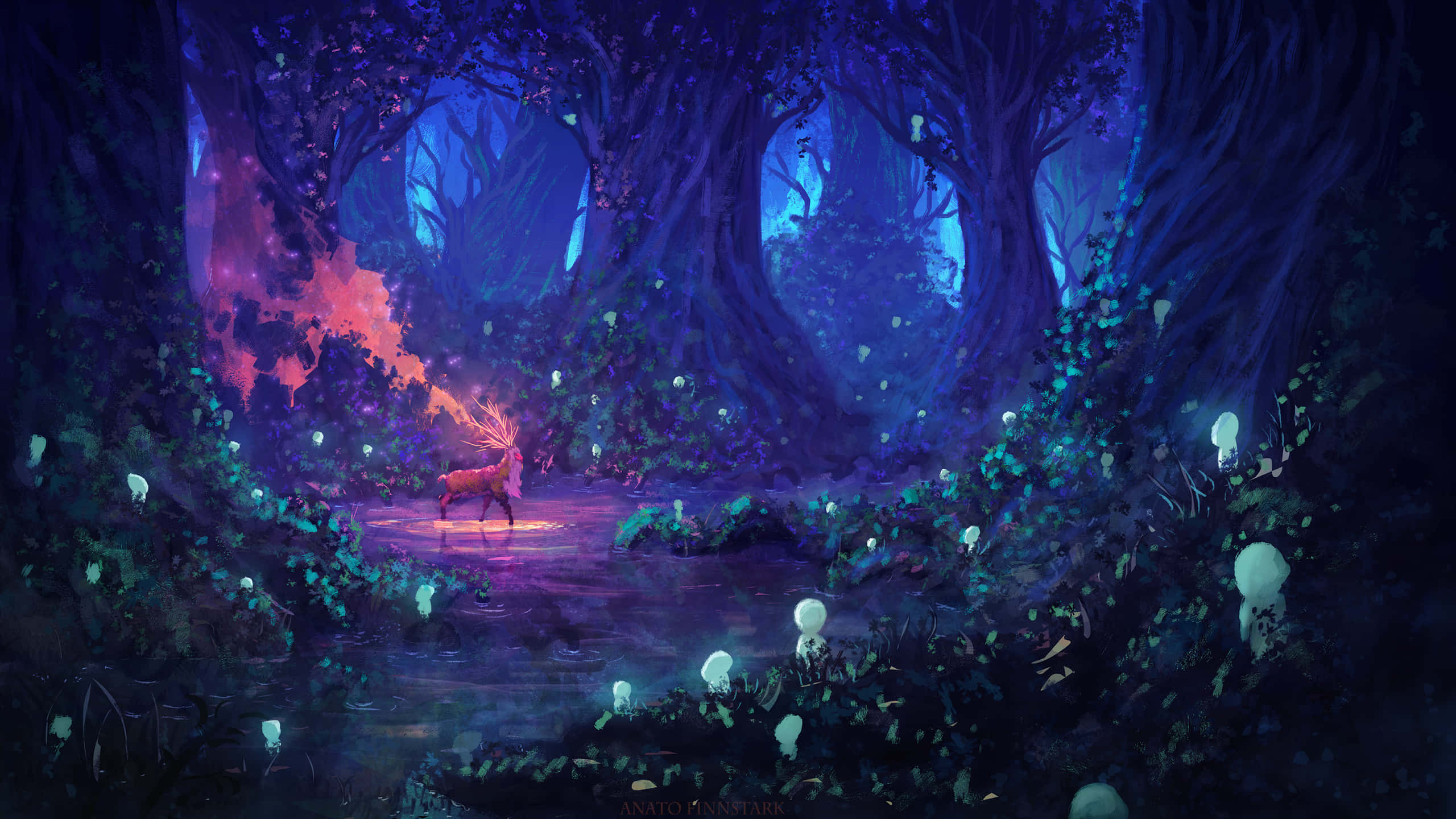 魔法公主 桌布 壁紙 — 一頭發光的鹿站在神秘的暮光森林中，有生物發光的蘑菇和火紅的橙色樹葉，在深藍色的樹木下。