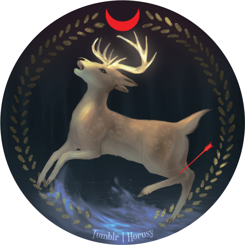 Elk 桌布 壁紙 — 一頭發光的鹿跳過一個黑暗的圓圈，圓圈由金色月桂花環和上方的紅色新月框住。