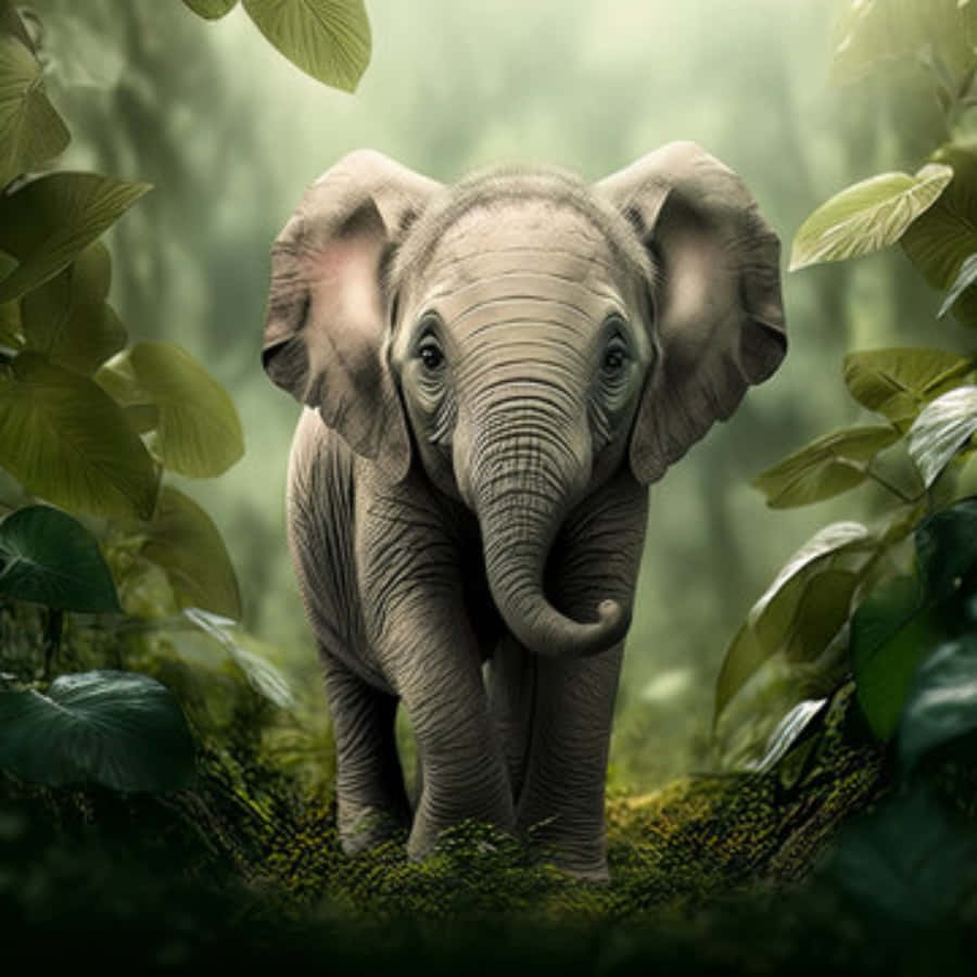 Cute Elephant 桌布 壁紙 — 一頭皮膚灰皺、耳朵巨大的小象，站在煙霧瀰漫的叢林中，周圍是茂密的綠色植物。