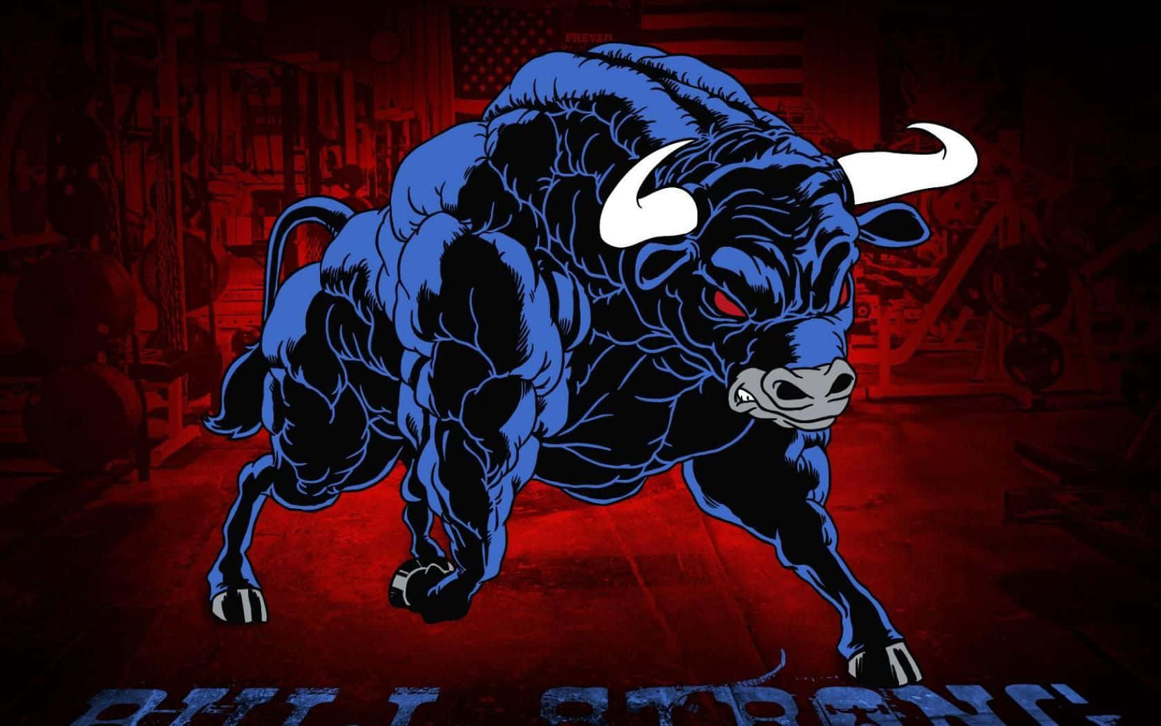 taurus 桌布 壁紙 — 一頭肌肉發達的藍色公牛，眼睛發出紅光，在光線昏暗、紅色燈光及背景有美國國旗的健身房中向前衝。