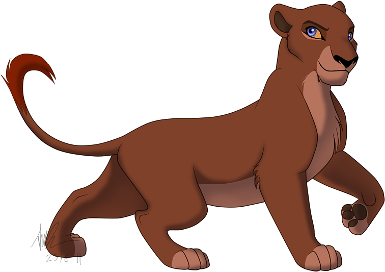 Cartoon Animal 桌布 壁紙 — 一頭自信的年輕母獅，擁有引人注目的藍色眼睛，在純黑色背景上大步向前。