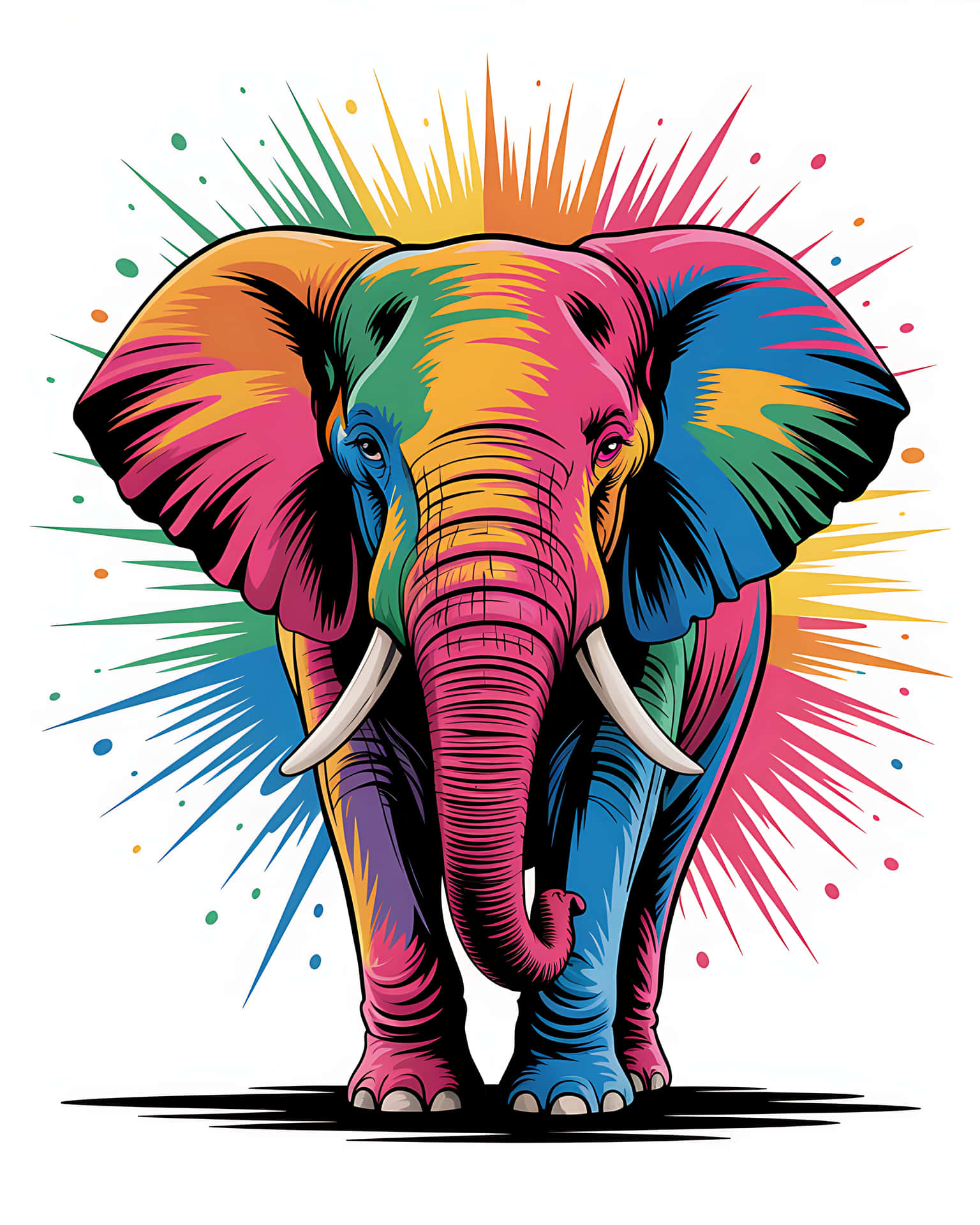 Vibrant colorful elephant illustration with abstract background 壁紙 — 一頭色彩繽紛的卡通大象，擁有彩虹色的皮膚，頭部散發出爆炸性的顏料飛濺。