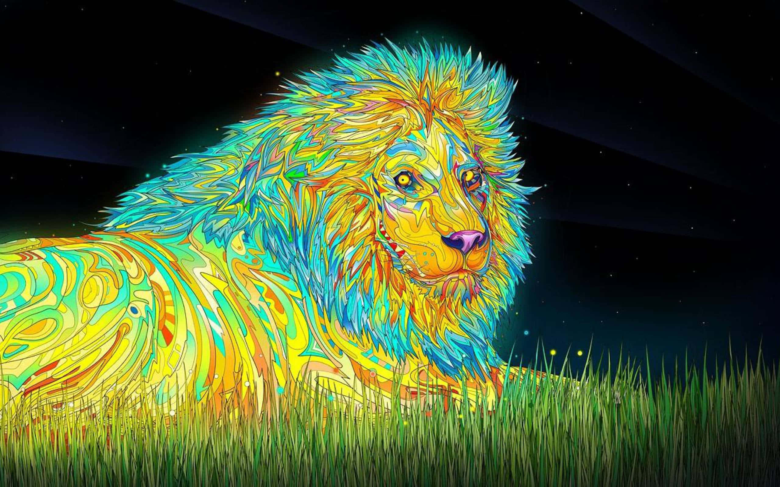 Tripping 桌布 壁紙 — 一頭色彩鮮豔、帶有螢光黃、藍和綠色圖案的獅子，在星空下的草地上休息。